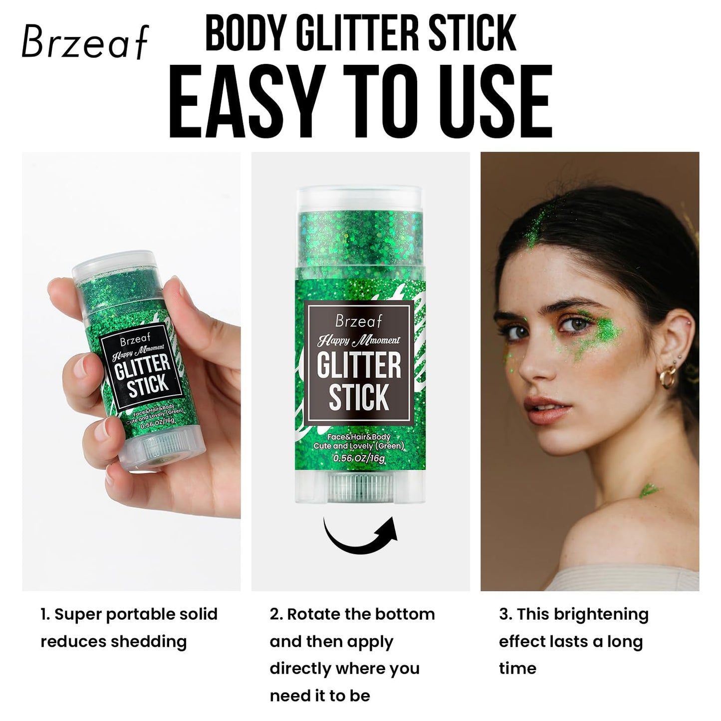 Brzeaf Waterproof Green Body Glitter Stick, Chunky Glitter for Face/Body/Hair/Eyes/Lip, Singer Concert Music Rave Festival, Glitter Stick Makeup & Face Glitter Gel for Women Men 0.56 OZ