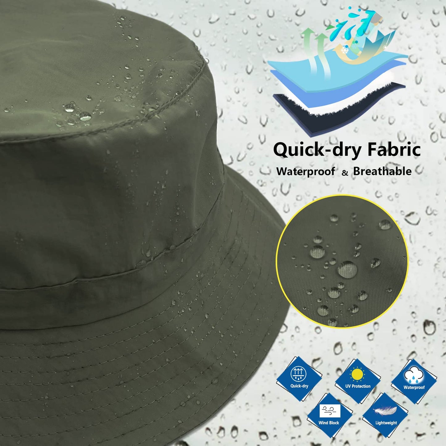 woogwin Waterproof Bucket Rain Hat with Chin Strap Quick Dry Packable Boonie Sun Hat Safari Hat UV Protection(Green)