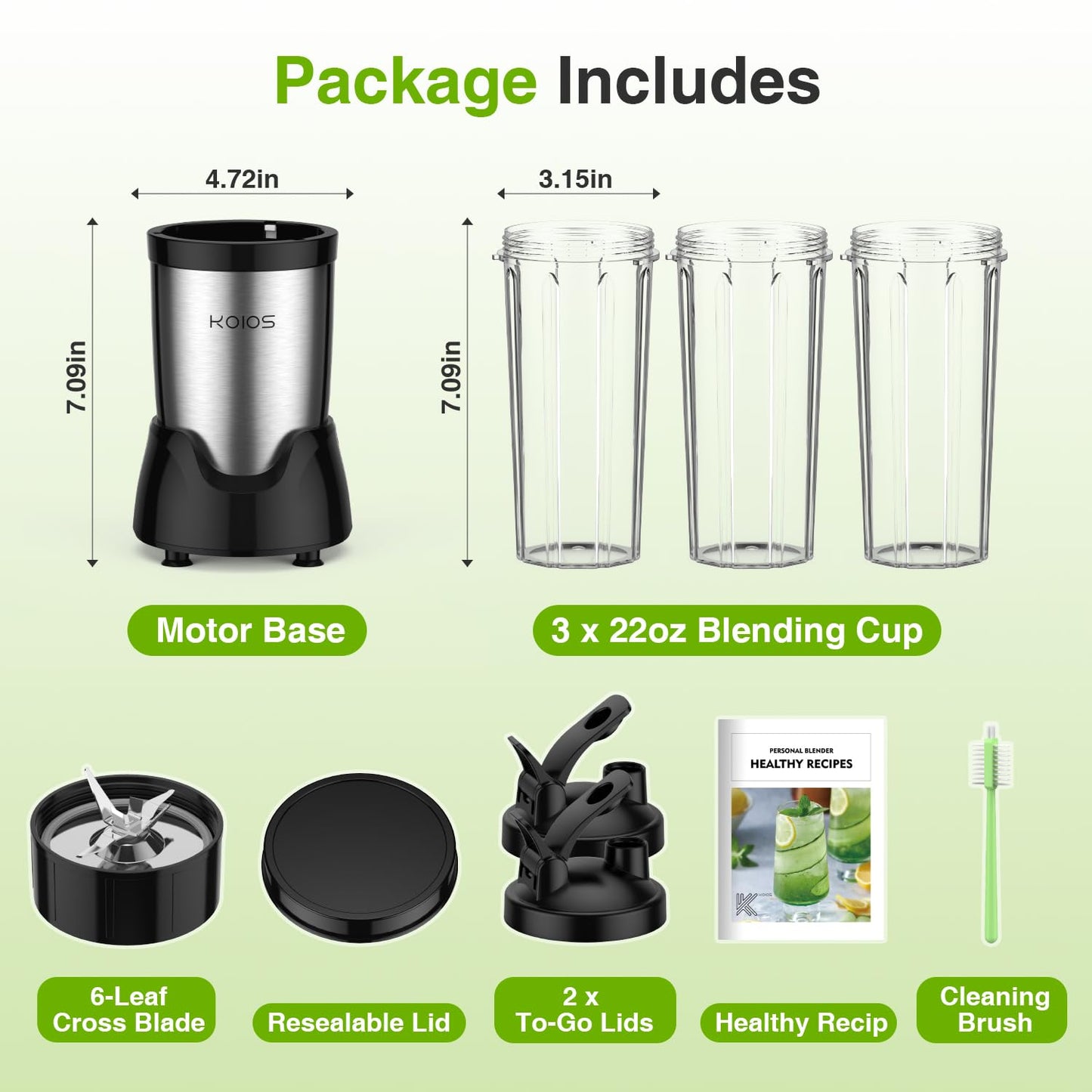 KOIOS Blender for Smoothies,Personal Blender for Shakes and Smoothies with 3 * 22oz To-Go Cups,22000 RPM Smoothie Maker,Detachable 6-leaf Blade Portable Blenders for kitchen,Black