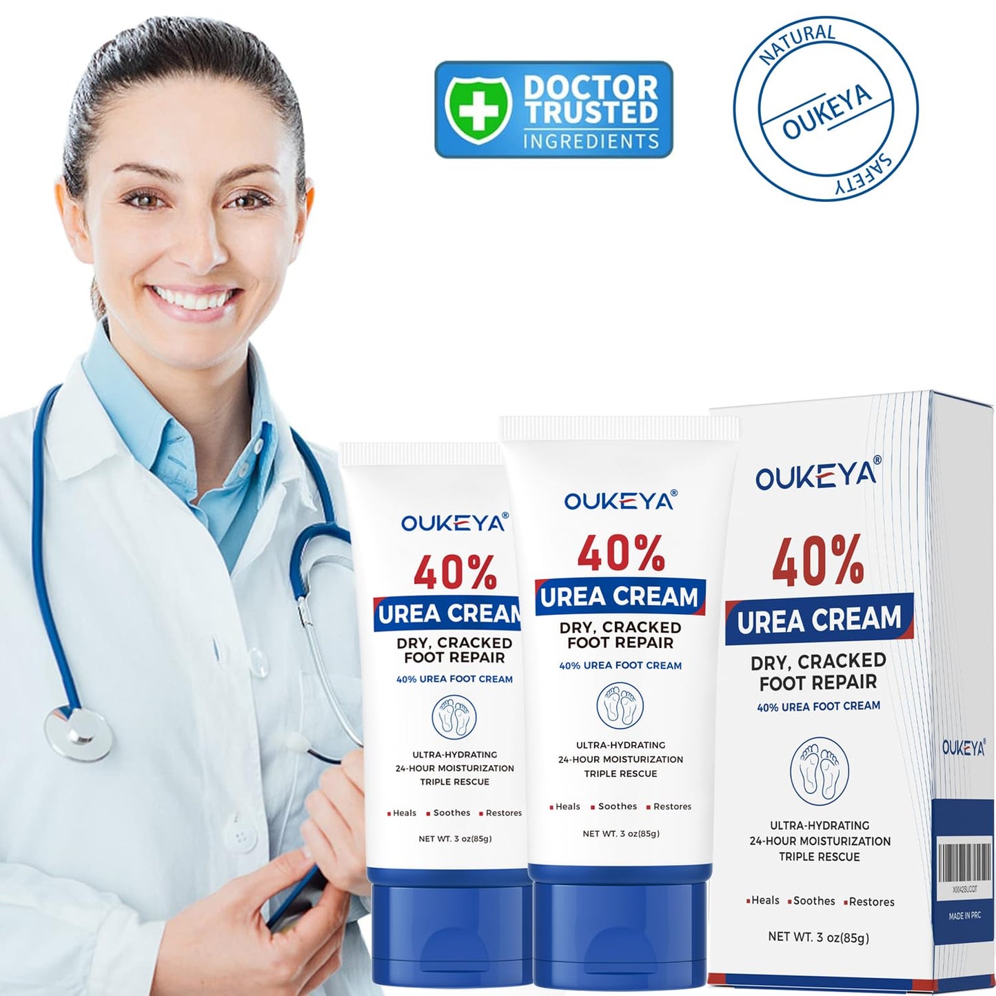 OUKEYA Urea Cream 40 Percent Tube 3 Oz, Urea Foot & Hand Cream for Dry Cracked, 40 per Urea Lotion for Feet Maximum Strength