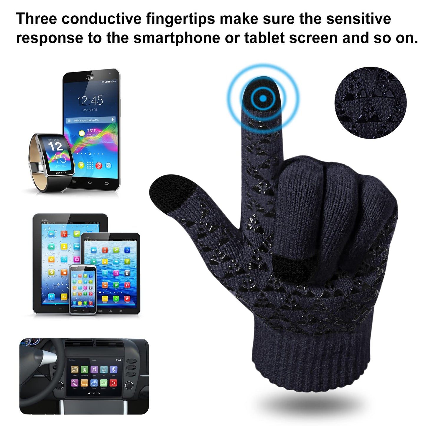 3 Pieces Winter Hat Scarf and Gloves Set for Men and Women, Knit Slouchy Beanie Cap Neck Warmer Screen - Touch Texting Gloves Navy