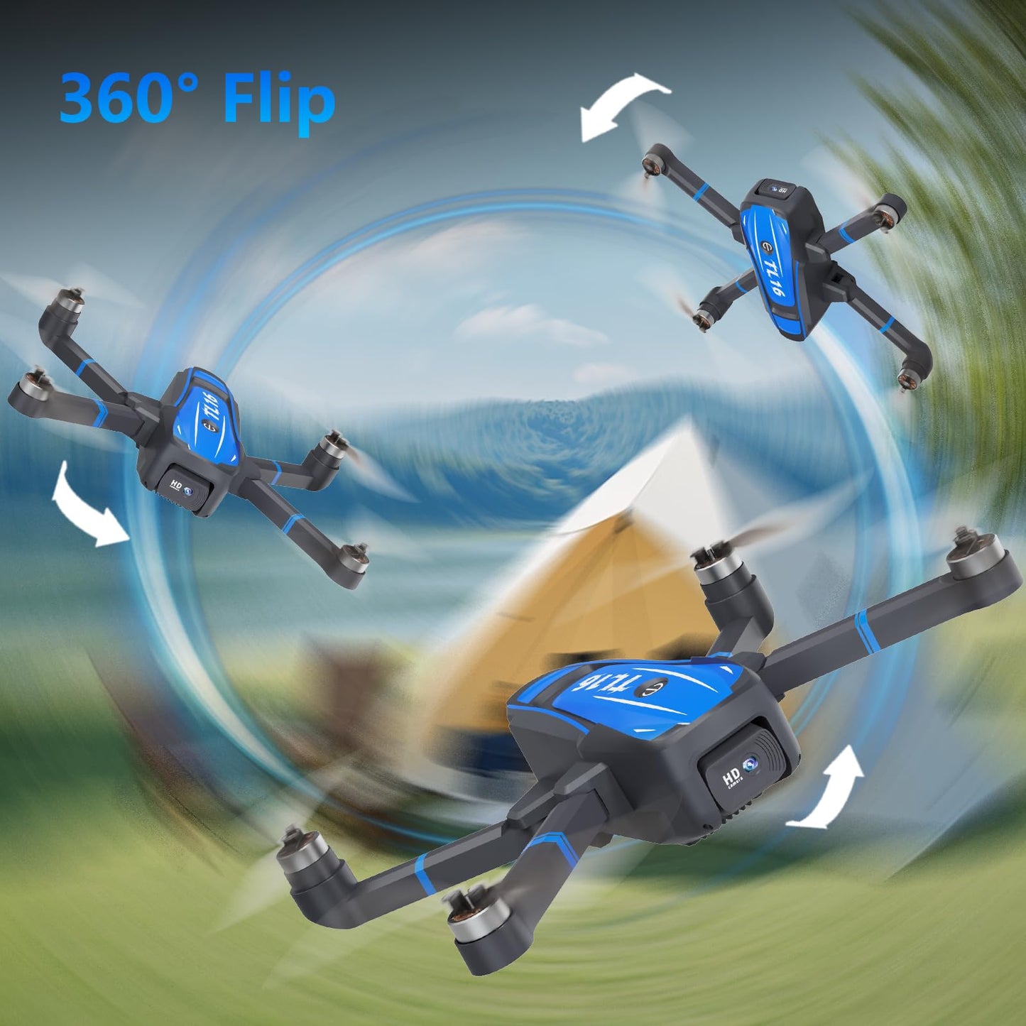 Toladrone TL16 Brushless Motor Drone with 1080P Camera, FPV Drone for Adults, Optical Flow Positioning Headless Mode 90° Motorised Adjustable Lens, Foldable RC Quadcopter for Beginners, Blue