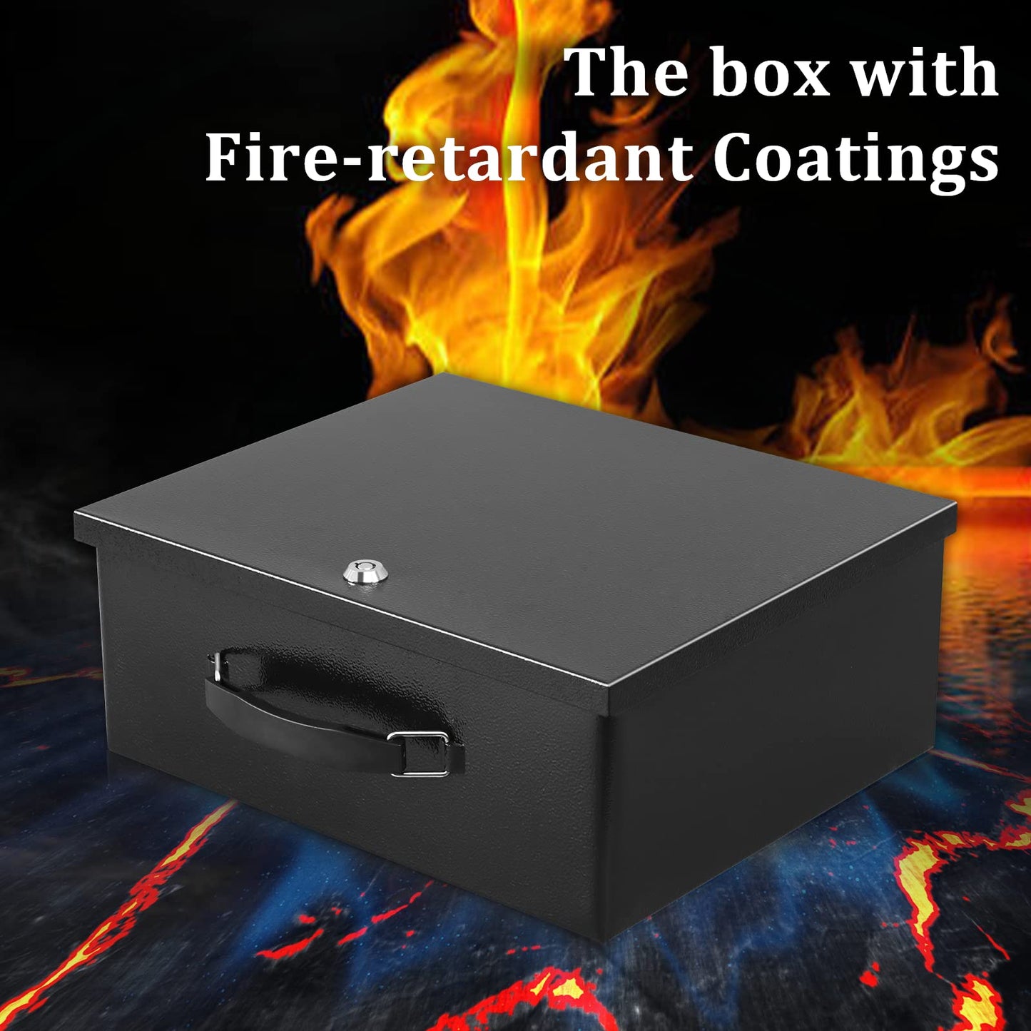 Dalmbox Portable Metal Safe Box with Key Lock - Fire Resistant Storage for Documents, Car, Home and Outside - X Large 13.2"x 11"x 5.1" Black Box