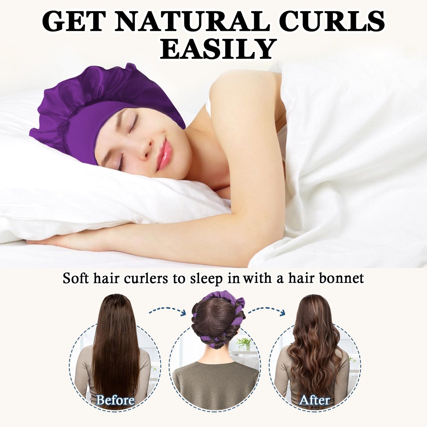 Gwabee No Heat Overnight Curls Headband to Sleep In, 70" Soft Ribbon Curl Wrap for Long Hair - 9 PCS Curling Rods Set with Bonnet, Purple