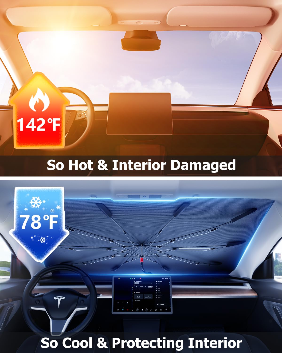 [Upgrade] DMJN Umbrella Windshield Sun Shade, [Nano-Ice-Crystal Coatings] Umbrella Sunshade for Car - Protect Interior from UV & Keep Car Cooler (Medium)