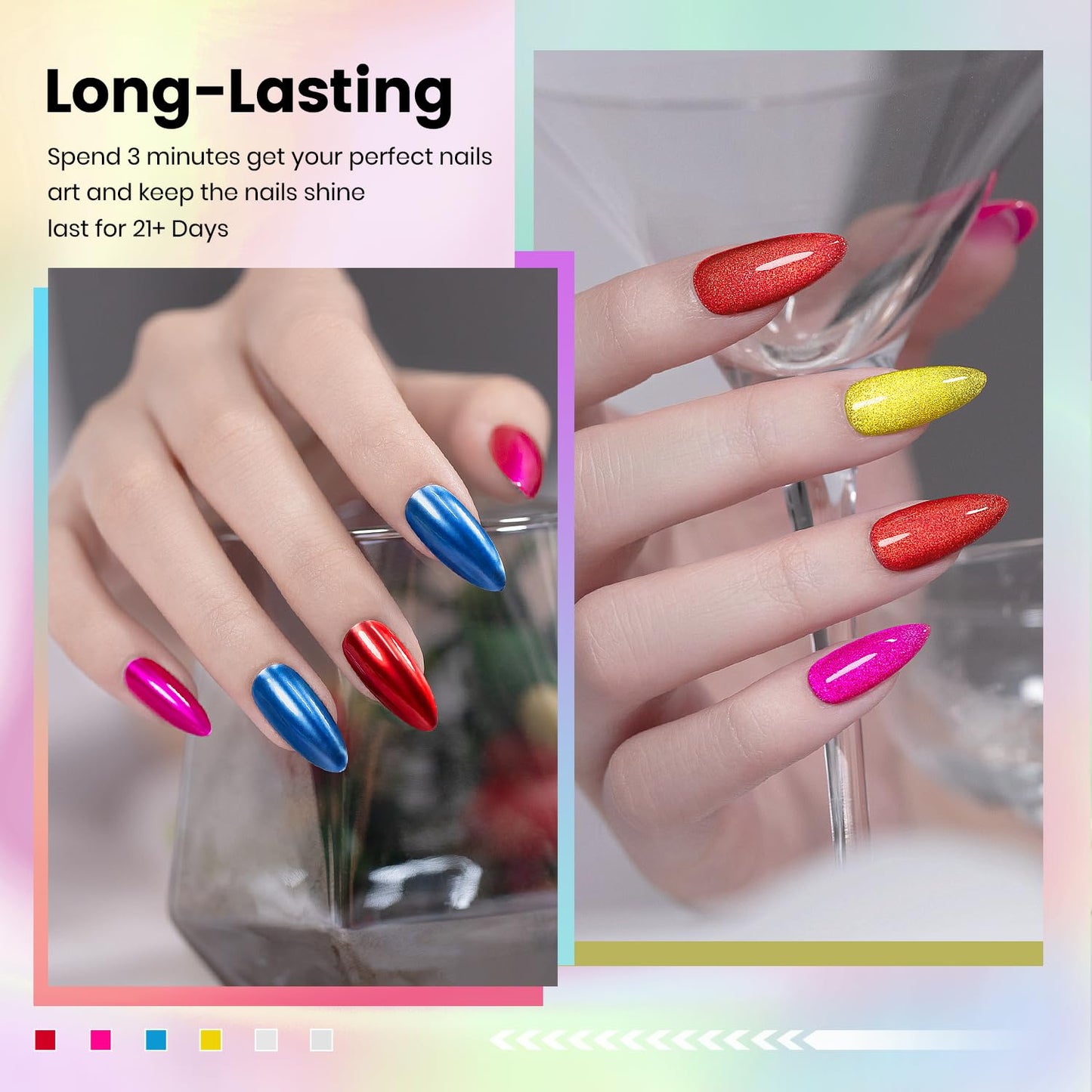 RARJSM Glaze Glass Metallic Cat Eye Gel Nail Polish Set Neon Amber Colors Bright Red Blue Yellow Rose Purple with Diamond Silver Cateye Metallic Silver Gelpolish UV LED Curing Requires Home Salon Diy