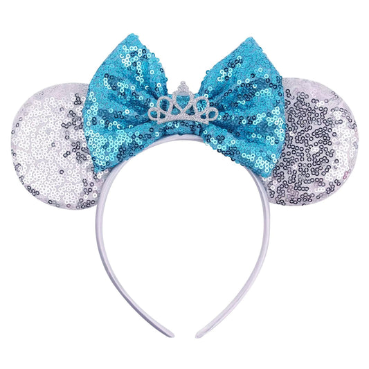 RAZKO Cinderella Minnie Ears Headband, Sequin Silver Blue Mickey Ears Headband Mouse ears Headband for Women Girls Hair Accessories (Silver-Crown)