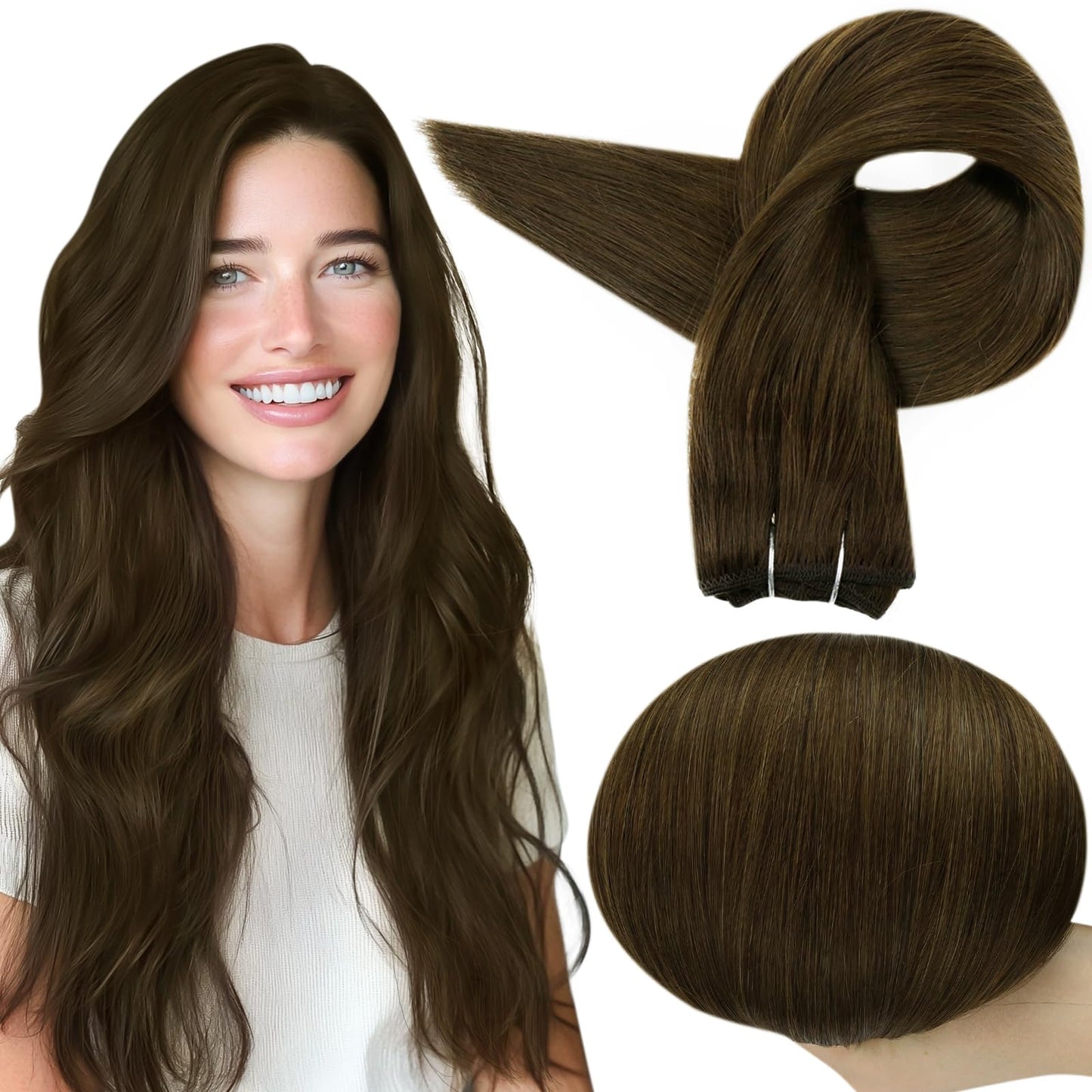 Full Shine Hair Extensions Sew In Color Medium Brown Hair Extensions Sew In Hair Extensions Real Human Hair Weft Extensions Straight Hair Sew In Real Human Hair Double Weft For Women 50G 10 Inch