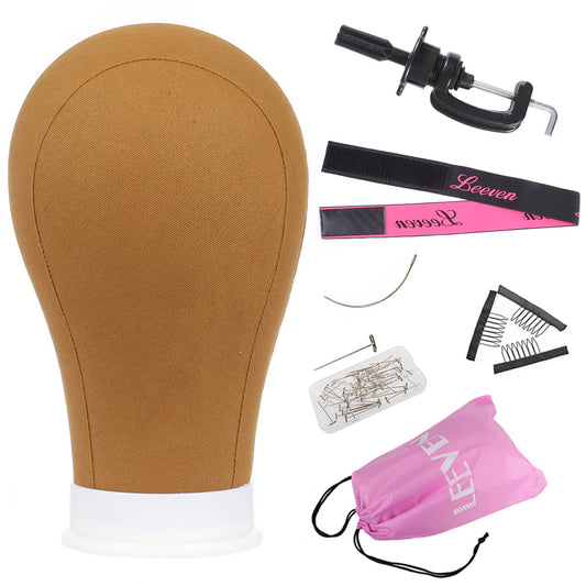 Leeven 21"-24" Canvas Block Head for Wig Poly Canvas Wig Head With Stand Brown Mannequin Head for Wig Styling Making Display Manikin Head With Wig Cap T-Pins C-needles C clamp Hair Clips 23 Inch