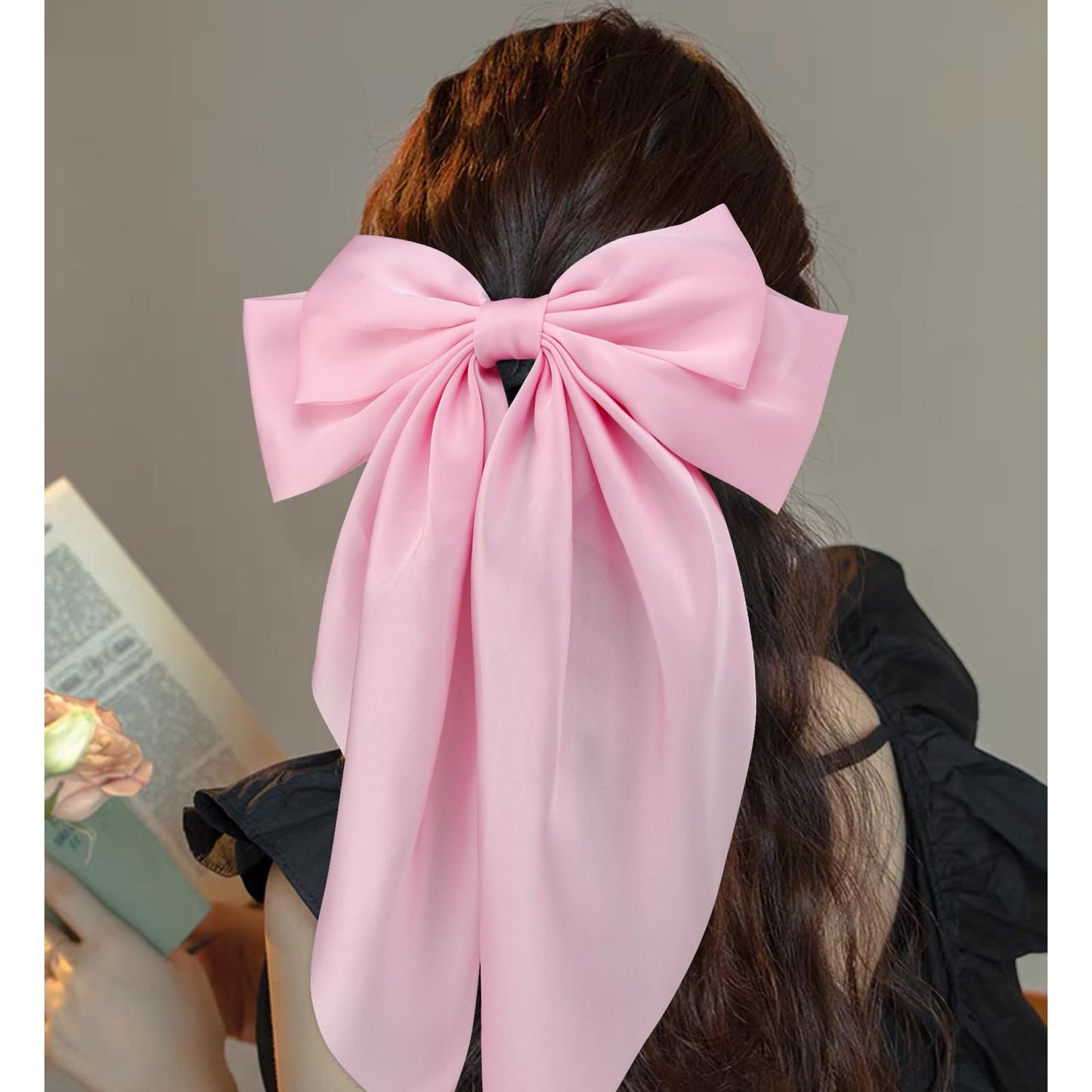 Velscrun Hair Bows for Women Girls 3Pcs White Pink Purple Silky Satin Large Bows Hair Clip Oversized Hair Ribbons Long Tail Big Bows Hair Accessories