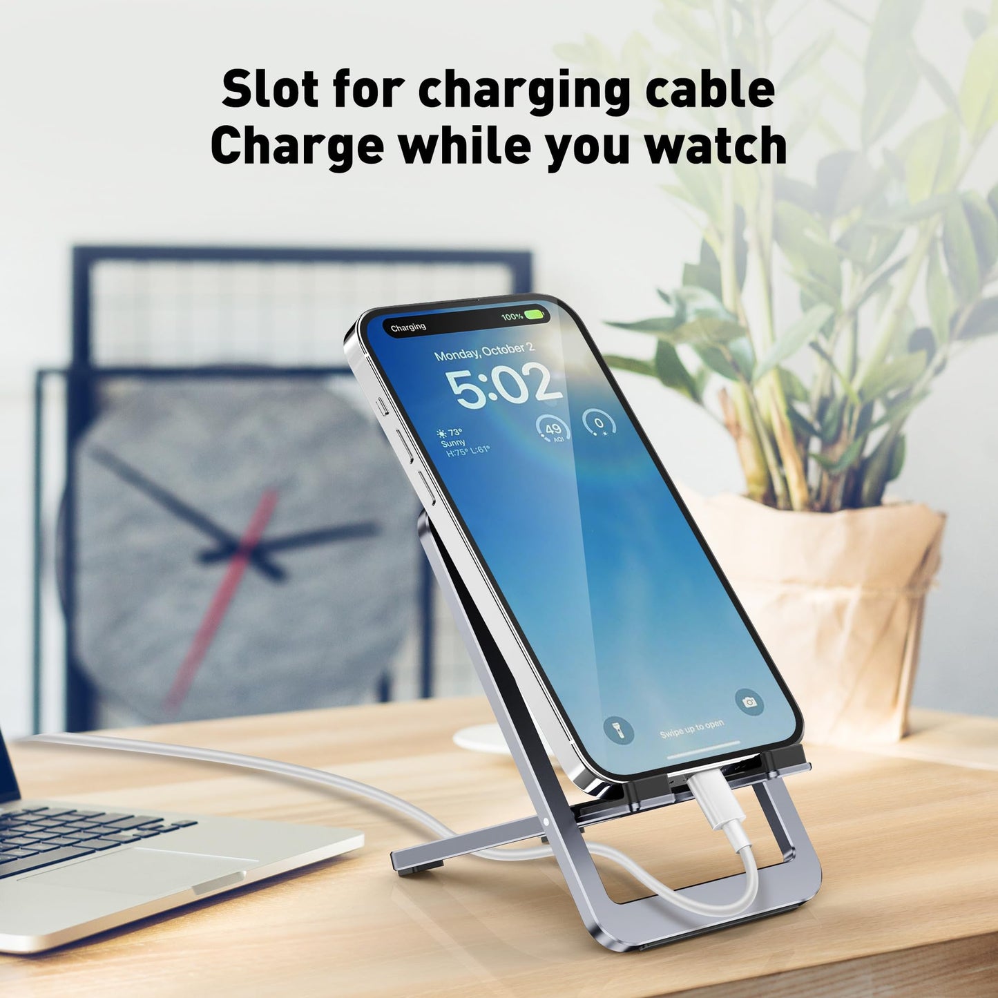 DeskLogics Portable Phone Stand for Desk, Aluminum Adjustable Cell Phone Holder, Foldable Travel Cellphone Dock Compatible with iPhone 15 14 13 Pro Max Mini, 12 11 XR 8 7 6 Plus SE (Grey)