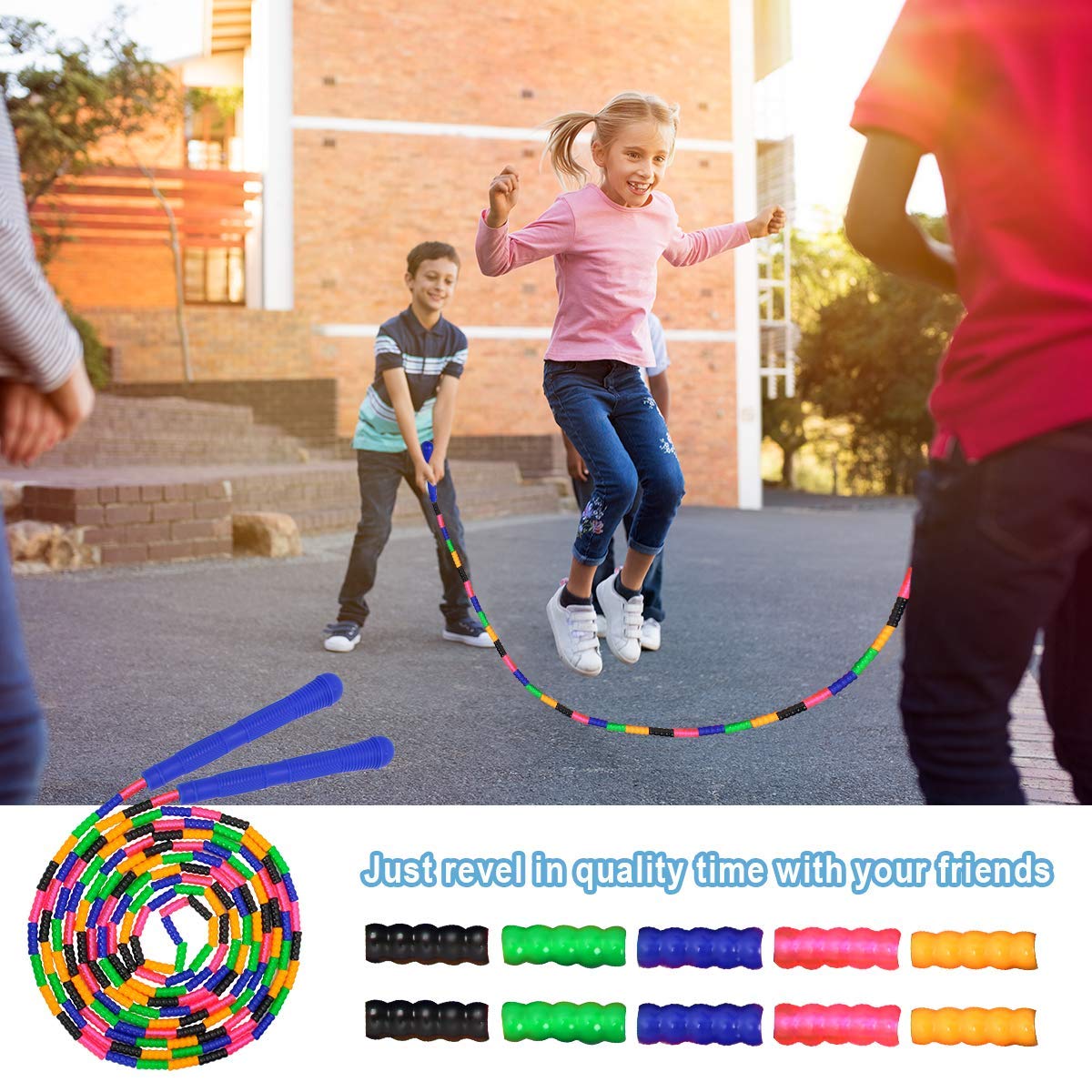 Coolrunner 16 FT Long Jump Rope(2 PACK), Double Dutch Soft Beaded Skipping Rope for Kids Adults, Plastic Segmented Jump Rope, Long Enough for 4-5 Jumpers(Rainbow) (Style 1) (Green) (Blue) (Blue)