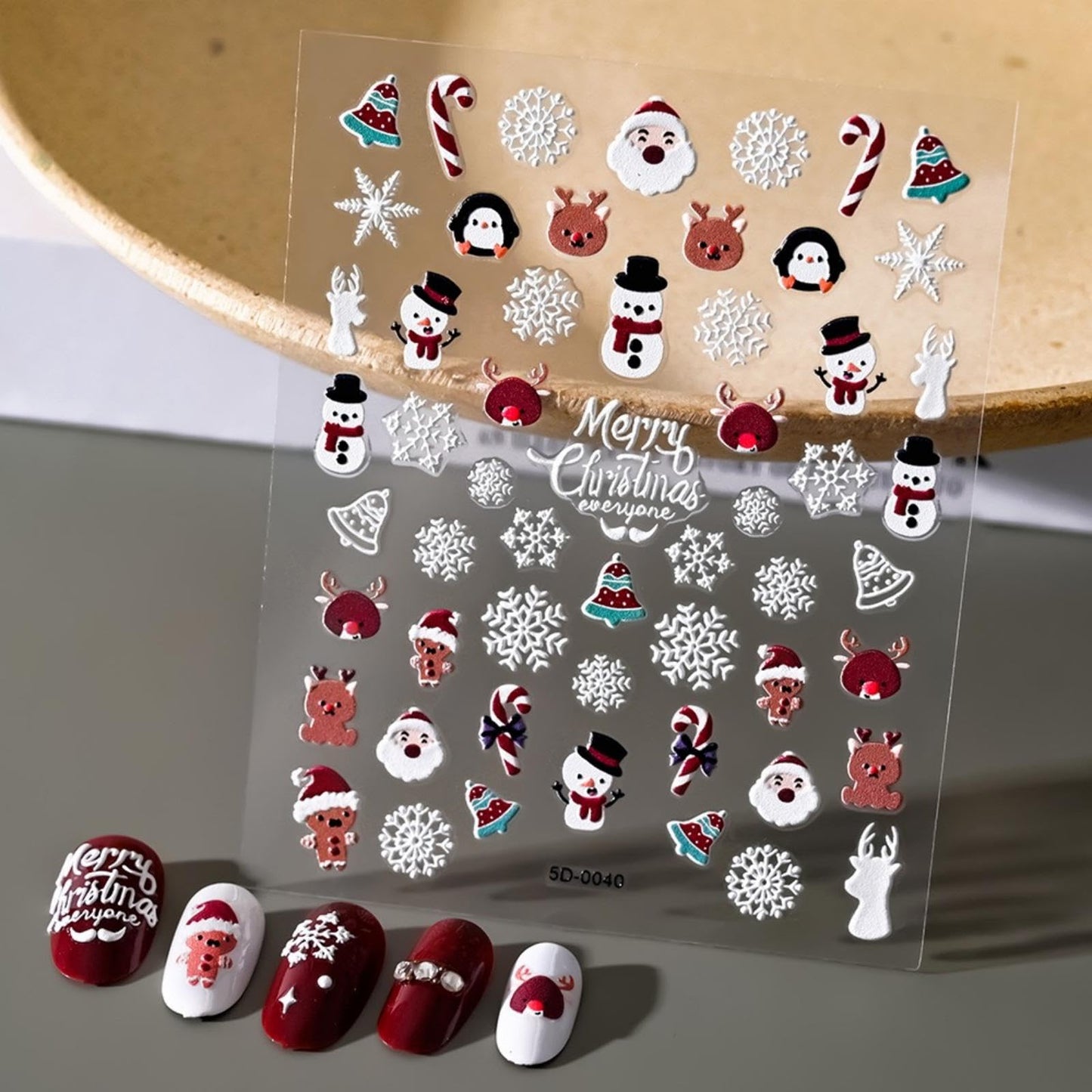 Christmas Nail Art Stickers Decals 5D Embossed Snowman Nail Stickers Self-Adhesive Snowflake Santa Claus Xmas Tree Bell Elk Nail Decals for Women Girls Winter Holiday Manicure DIY Nail Supplies