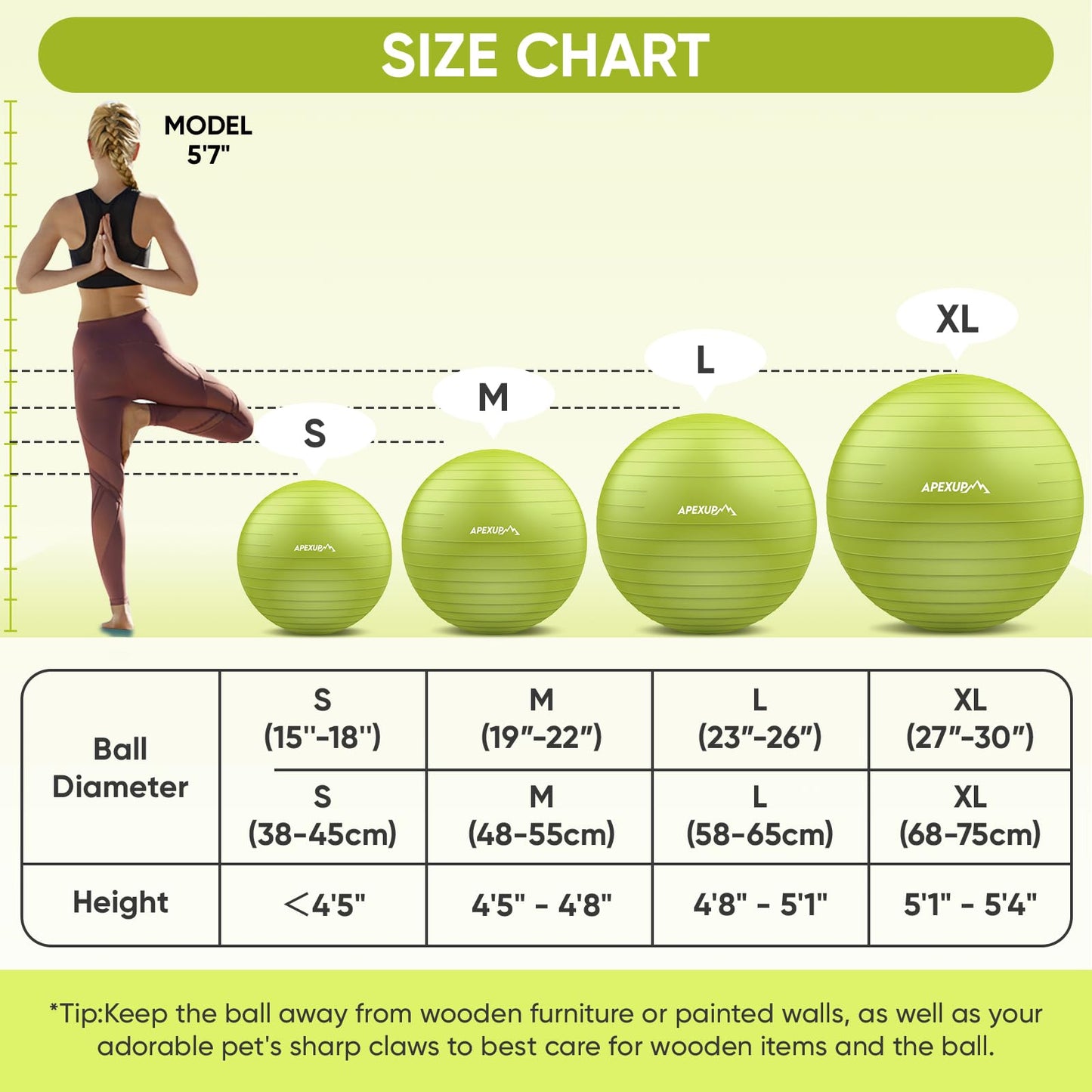 APEXUP Yoga Ball Exercise Ball, Anti Slip Stability Ball Chair, Heavy Duty Large Gym Ball for Fitness, Balance, Core Workout and Physical Therapy (S (15"~18") 45cm, Green)