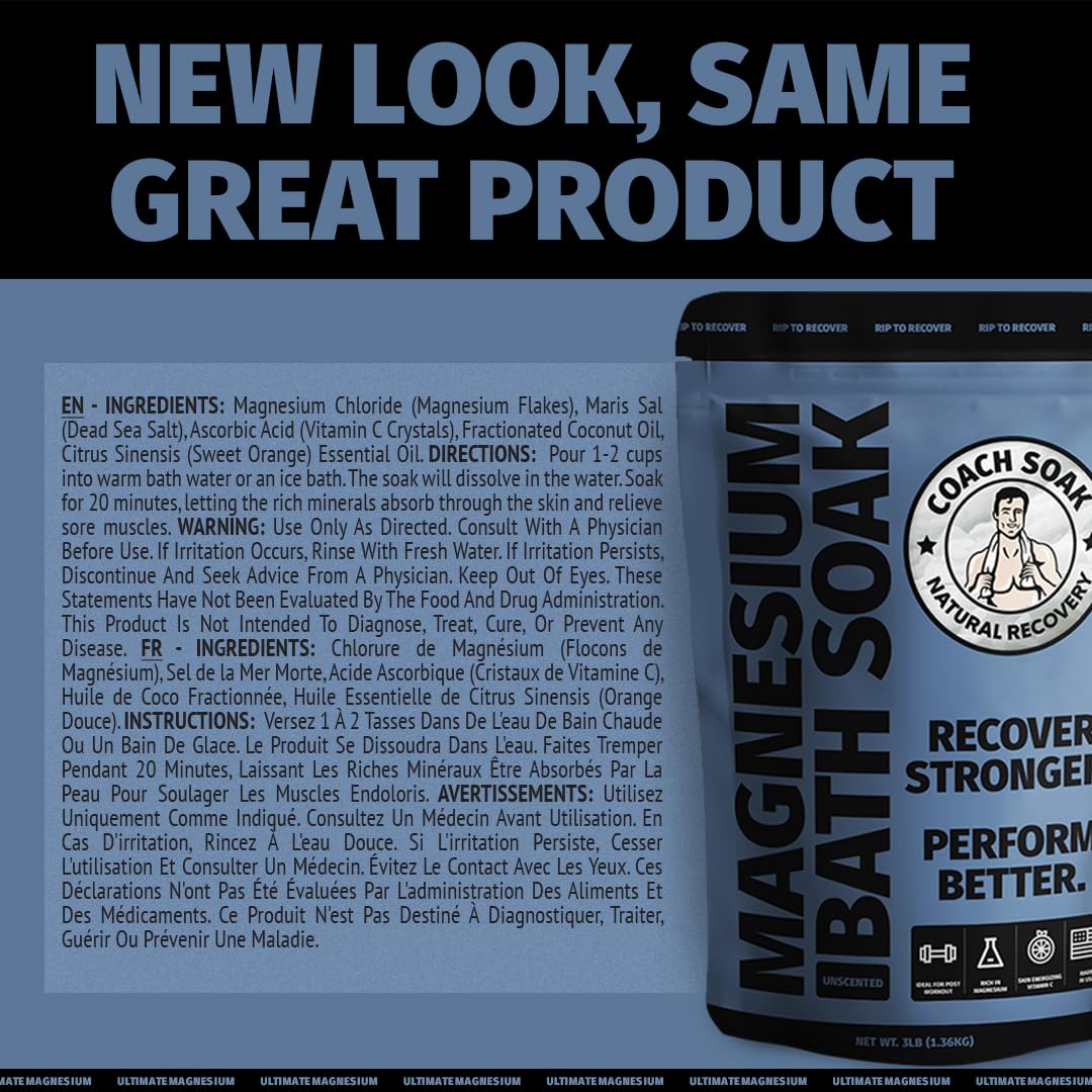 Coach Soak Recovery Bath Soak - Faster Absorption Than Epsom Salt for Pain - Rejuvenating Magnesium Flakes with 21 Minerals, Essential Oils & Bath Salts, 3lbs (Unscented)