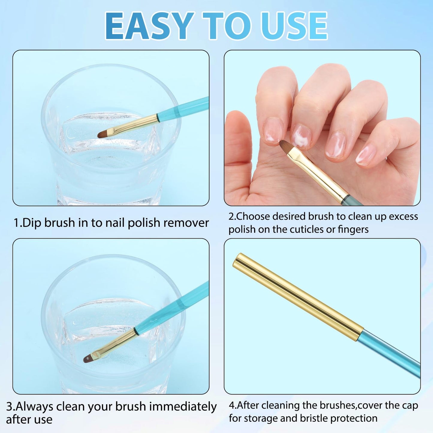 INENK Metal Blue Nail Art Clean Up Brushes for Cleaning Polish Mistakes on the Cuticles, Acetone Resistant Nail Brush, Fingernail Cleaning Brushes for Nail Art and Designs (Round&flat&Bevel)