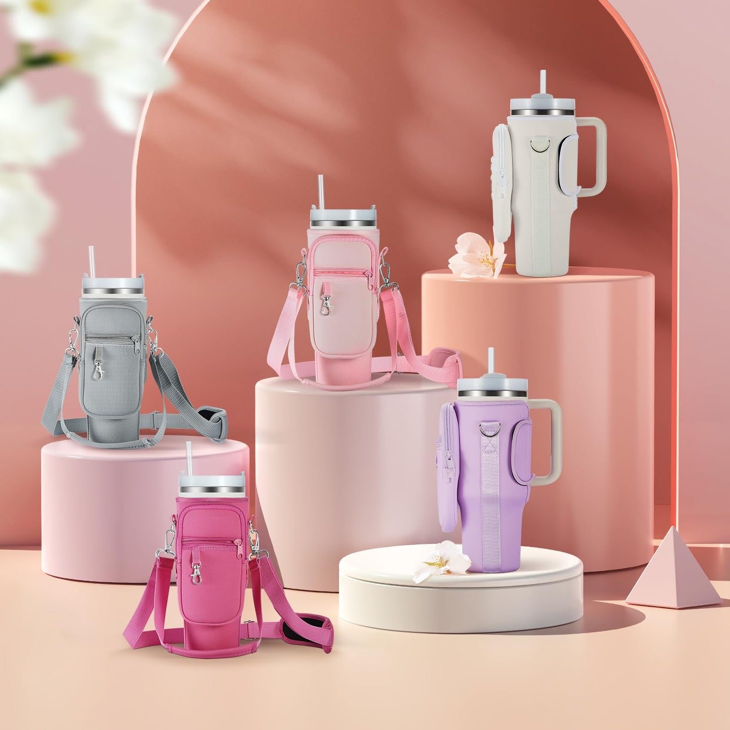 linmaya Water Bottle Carrier Bag with Phone Pocket for Stanley 40/30 oz Tumbler Neoprene Water Bottle Holder Pouch with 2 Adjustable Strap & 3 Leak Stoppers for Stanley Cup Accessories