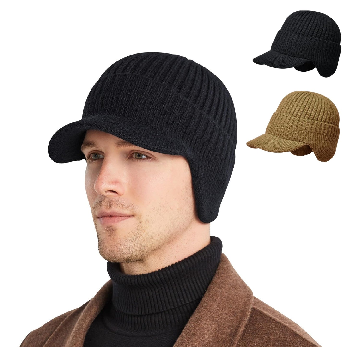 AkiiGer Men's Winter Hat with Brim 2 Pack, Warm Earflaps Hat for Men, Thick Fleece Lined Knit Beanie Outdoor