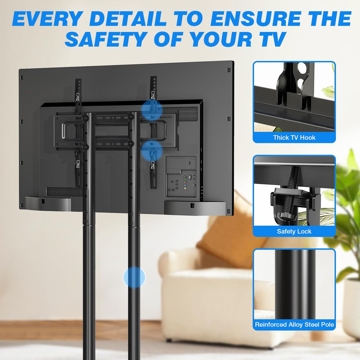 Rfiver Rolling TV Stand for 32-70 Inch TVs, Mobile TV Stand with Upgraded Wheels up to 88lbs, Height Adjustable Mobile TV Cart on Wheel, Portable TV Mount Stand for Bedroom, Living Room, Home, Office