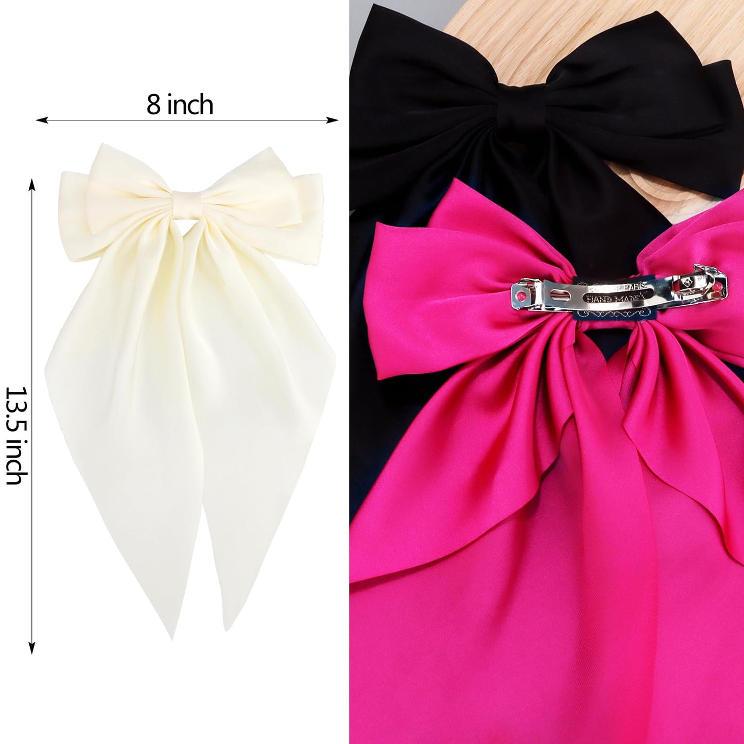 Velscrun Hair Bows for Women and Girls - 3Pcs Oversized Satin Bows in White, Black, and Rose Pink - Large Hair Clips with Long Ribbons, Barrettes, Hair Accessories Gift Set