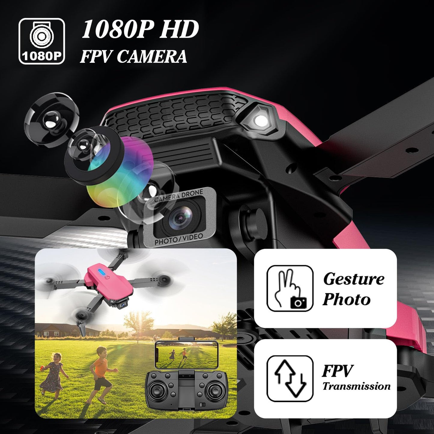 Kids Drone with Camera Foldable Mini Drone for Kids Girls Beginners Toys Drone Gestures Selfie One Key Start 360° Flips 2 Batteries Toy Gifts for Girls Pink