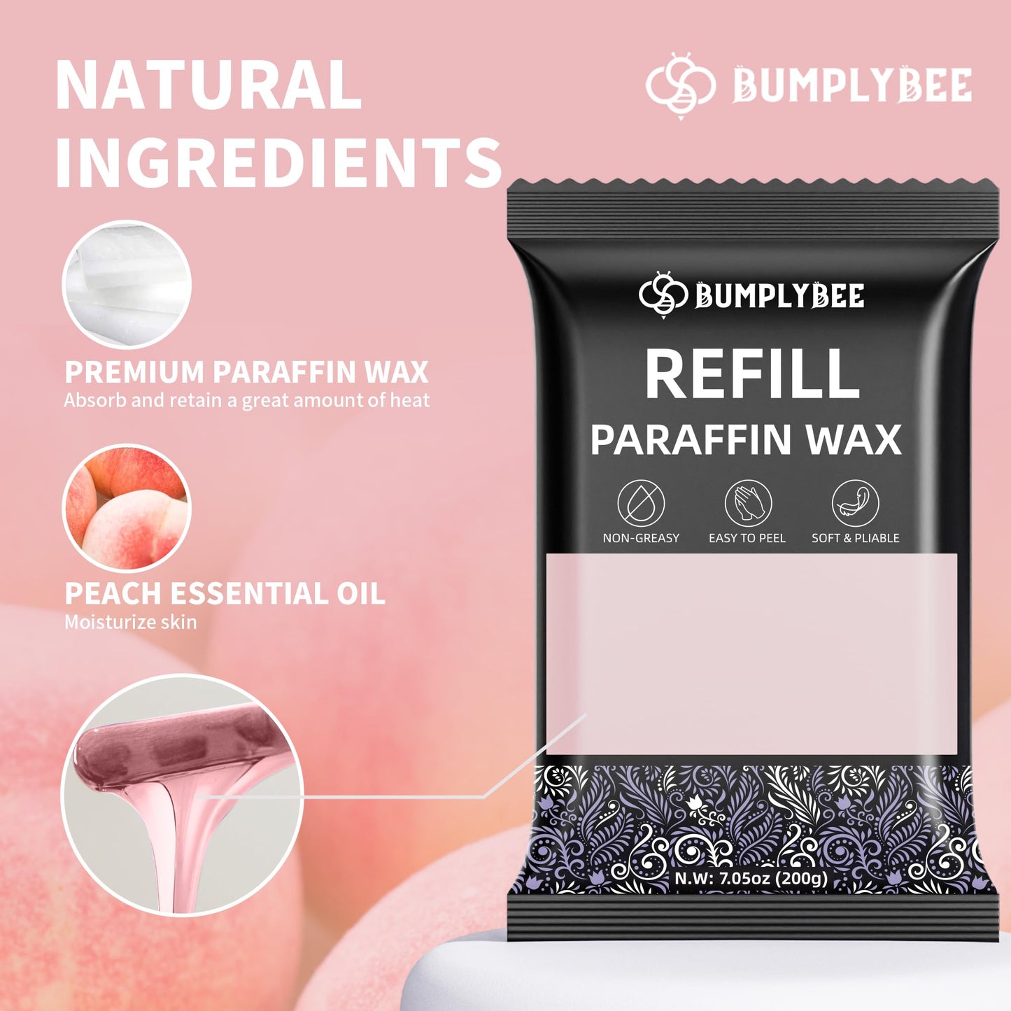 BUMPLYBEE Paraffin Wax Kit - 10 Packs Peach Scent Refills With Silicone Brush for Hands and Feet - Skin Moisturizing, Non-Greasy, Easy-Peeling