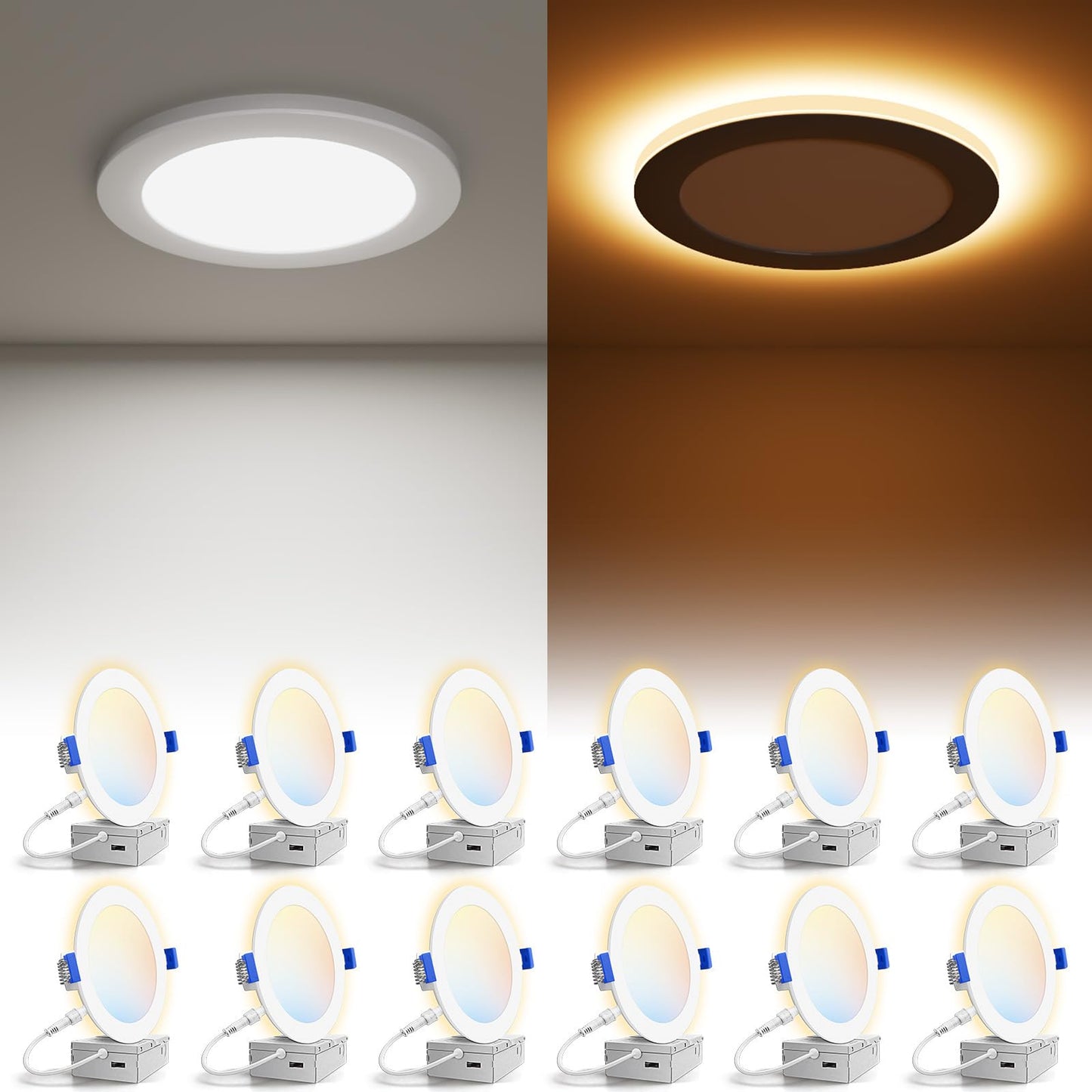 VOLISUN 12 Pack 6 Inch 5CCT Recessed Light with Night Light,Canless LED Recessed Lighting 6 inch,2700K-5000K Selectable,12W=130W,1080LM Dimmable Recessed Ceiling Wafer Lighs,ETL Certificated