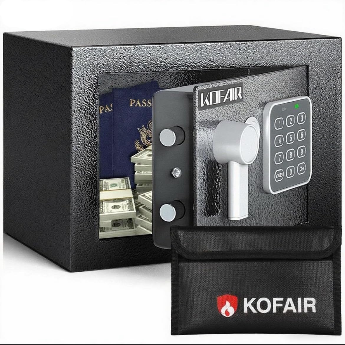 KOFAIR Safe Box for Home Safe (0.23 Cubic Feet) with Fireproof Bag, Personal Money Safe for Cash Saving, Mini Safe Box with Key, Digital Safety Box with Light, Money Lock Box