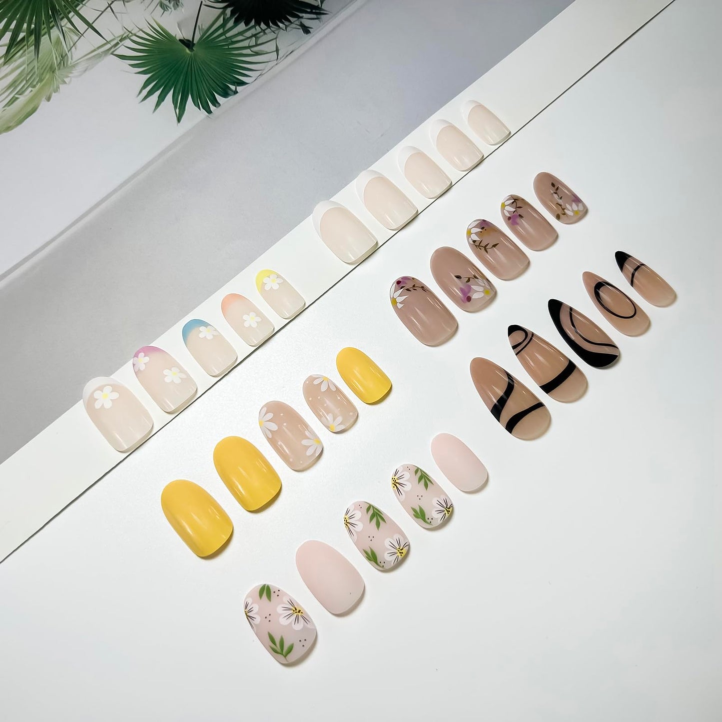 6 Packs (144 Pcs) Press on Nails Short - Jsiallye Flower Press on Nails Almond, Oval French Tip Press on Nails, Glue on Nails in 12 Sizes - 24 Fake Nails Kit, Stick on Nails for Women