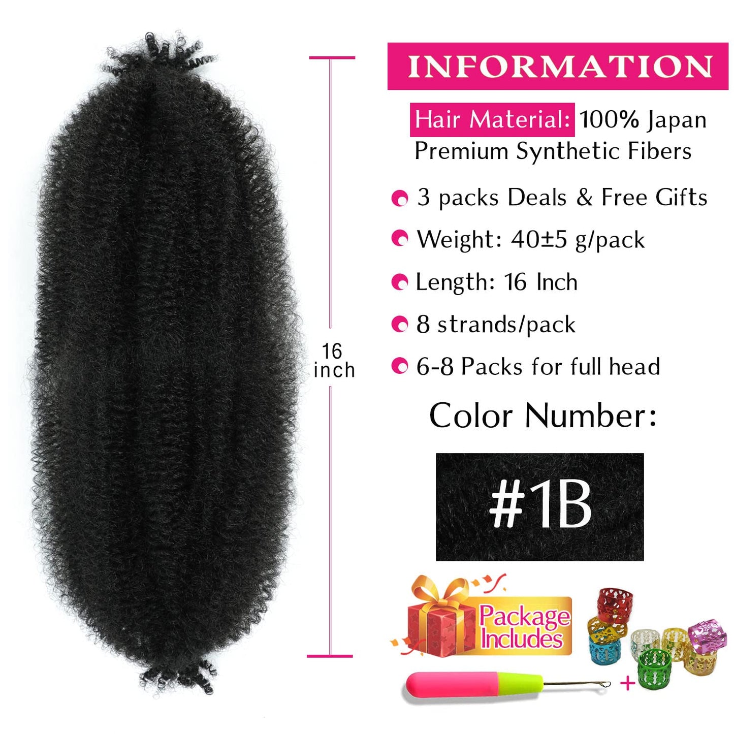 Afro Twist Hair 16 Inch 3 Packs, Springy Afro Twist Hair Pre Fluffed Spring Twist Hair Pre Stretched Wrapping Hair for Soft Locs Hair Extensions (16 Inch (Pack of 3), 1B#)