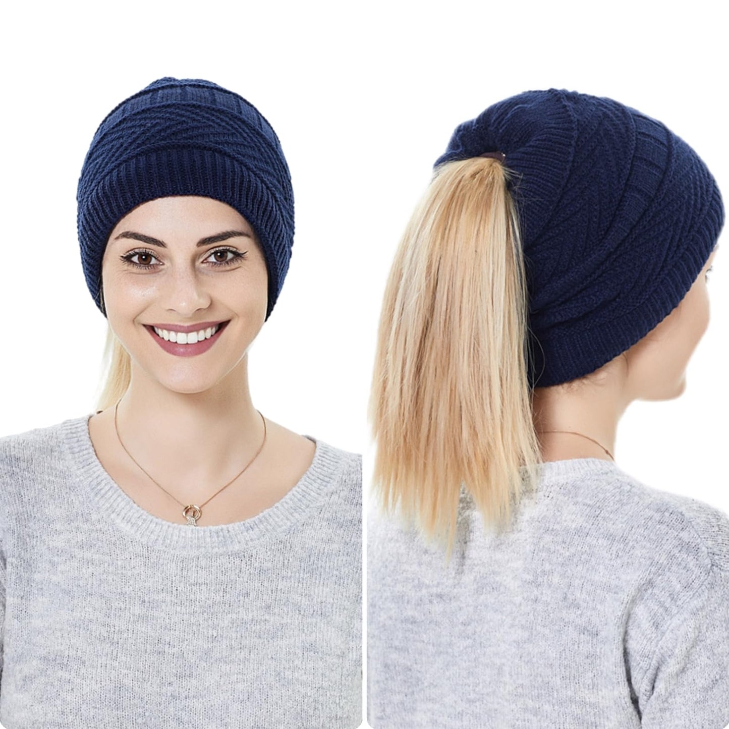 Windproof Warmer Winter Hat with Ponytail Hole,Adjustable Rope Ponytail Hat, Neck Gaiters Scarf Beanie for Women Men (Navy Blue)