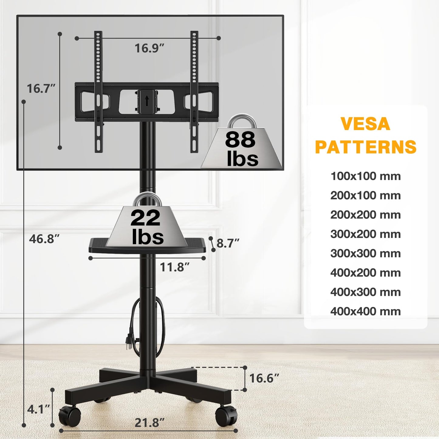 TVON Mobile TV Stand with Power Outlet, Tilt Rolling TV Cart for 23-60 Inch LCD LED OLED Flat Curved Screen TVs up to 88 lbs, Height Adjustment Portable TV Stand on Wheels, Max VESA 400x400mm