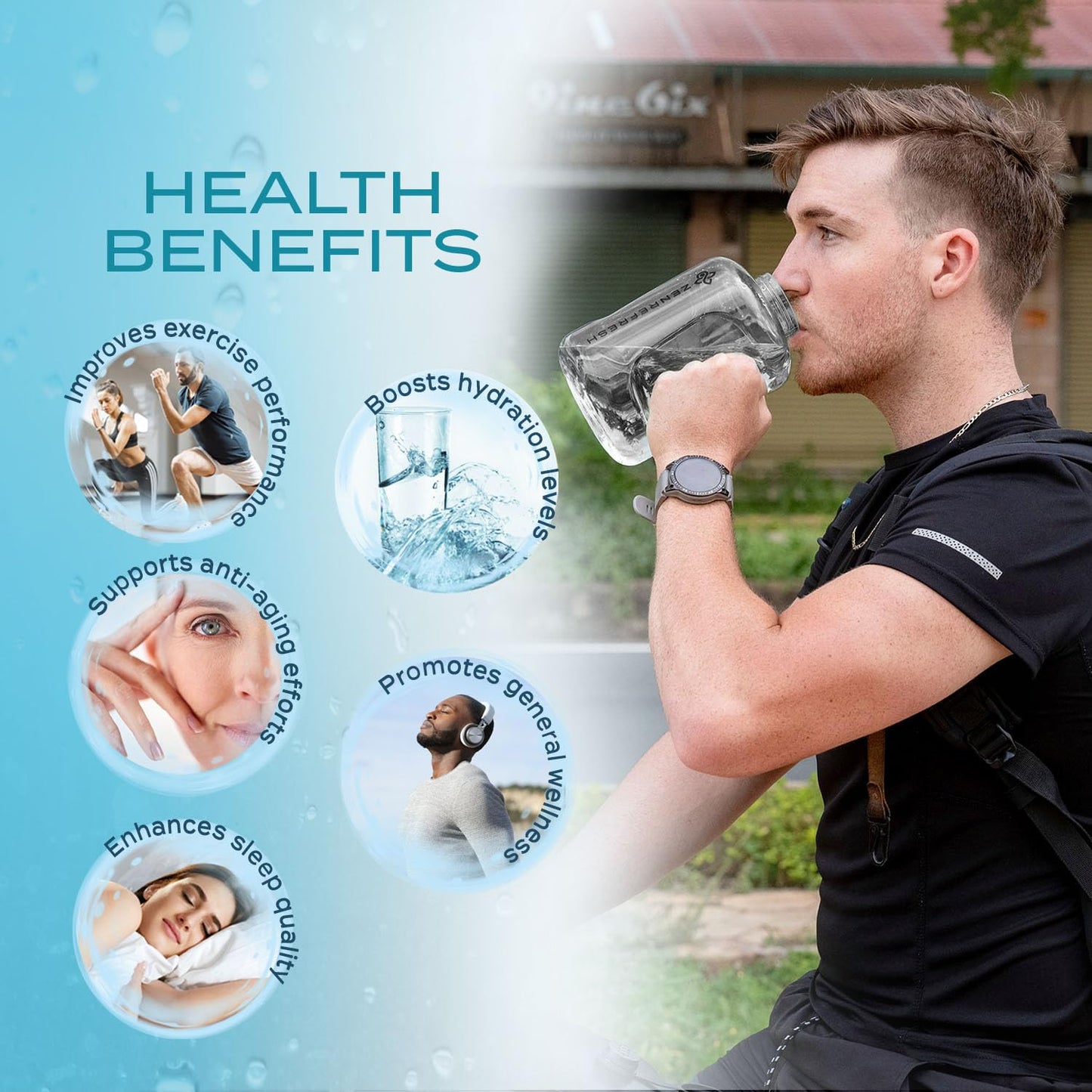 Zen Refresh 50 Oz Hydrogen Water Bottle, 2025 New SPE/PEM Technology, Large Gym Hydrogen Bottles, Travel Hydrogen Water Bottle Generator With Straw & Additional Cap, USA Brand, Up to 1800 ppb - Black