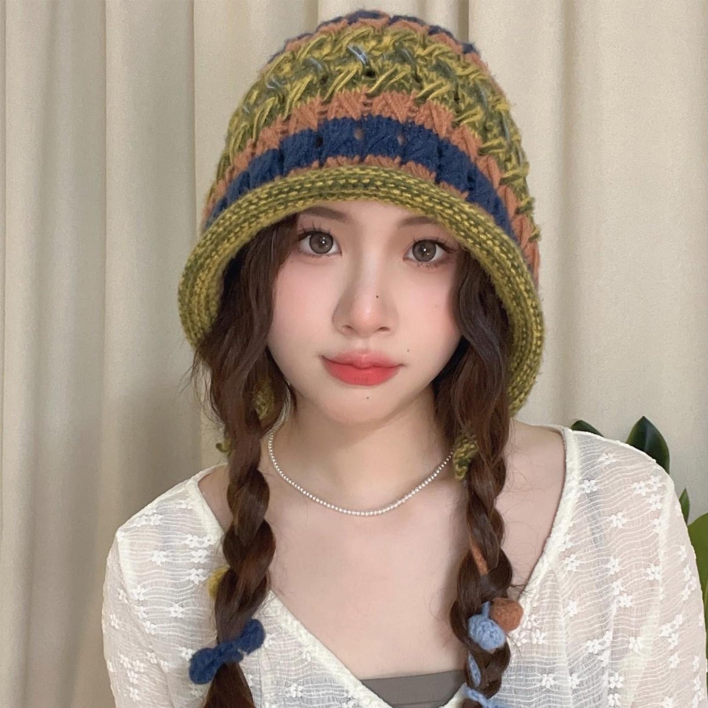 Gudzws Beanie Hat Women Cute Colorful Crochet Knit Cap Ear Flaps with Pom Pom (Yellow)