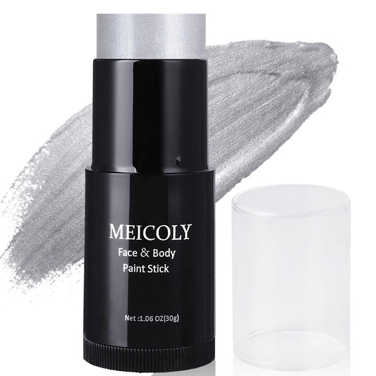 MEICOLY Silver Face Paint Stick(1.06 Oz),Blendable Full Body Paint Stick for Halloween Tin Man Special Effects SFX Cosplay,Sweatproof Waterproof Eye Black for Baseball/Softball/Football
