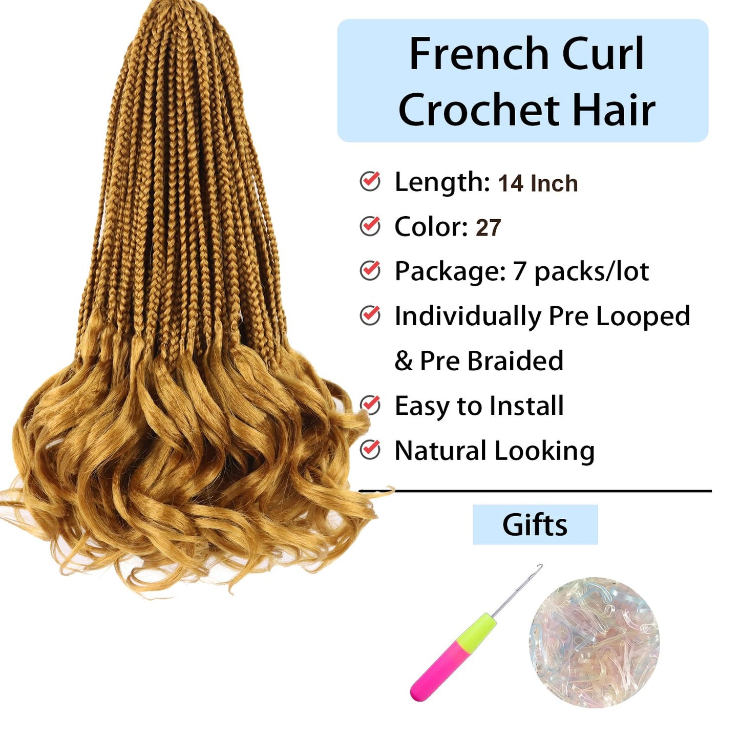 French Curl Braiding Hair Color 27 Goddess Box Braids Crochet Hair Pre Looped Crochet Box Braids 14 Inch French Curl Crochet Braids with Curly Ends Wavy Curly Braiding Hair Extensions (7 Packs)