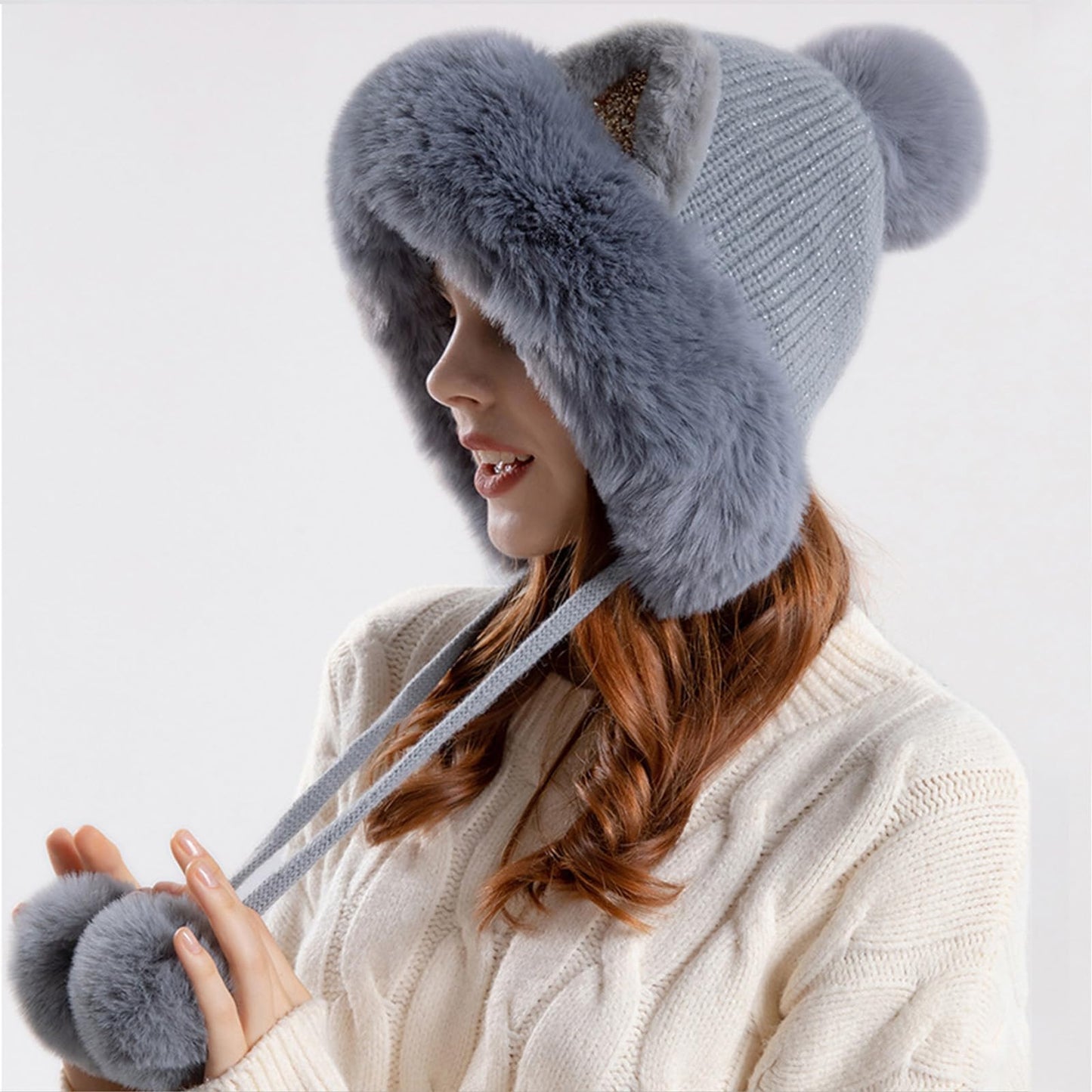 Fluffy Cat Ear Beanie Hats for Women Pompom Knit Skull Cap Winter Outdoor Warm Fleece Lined Earflaps Snow Hat