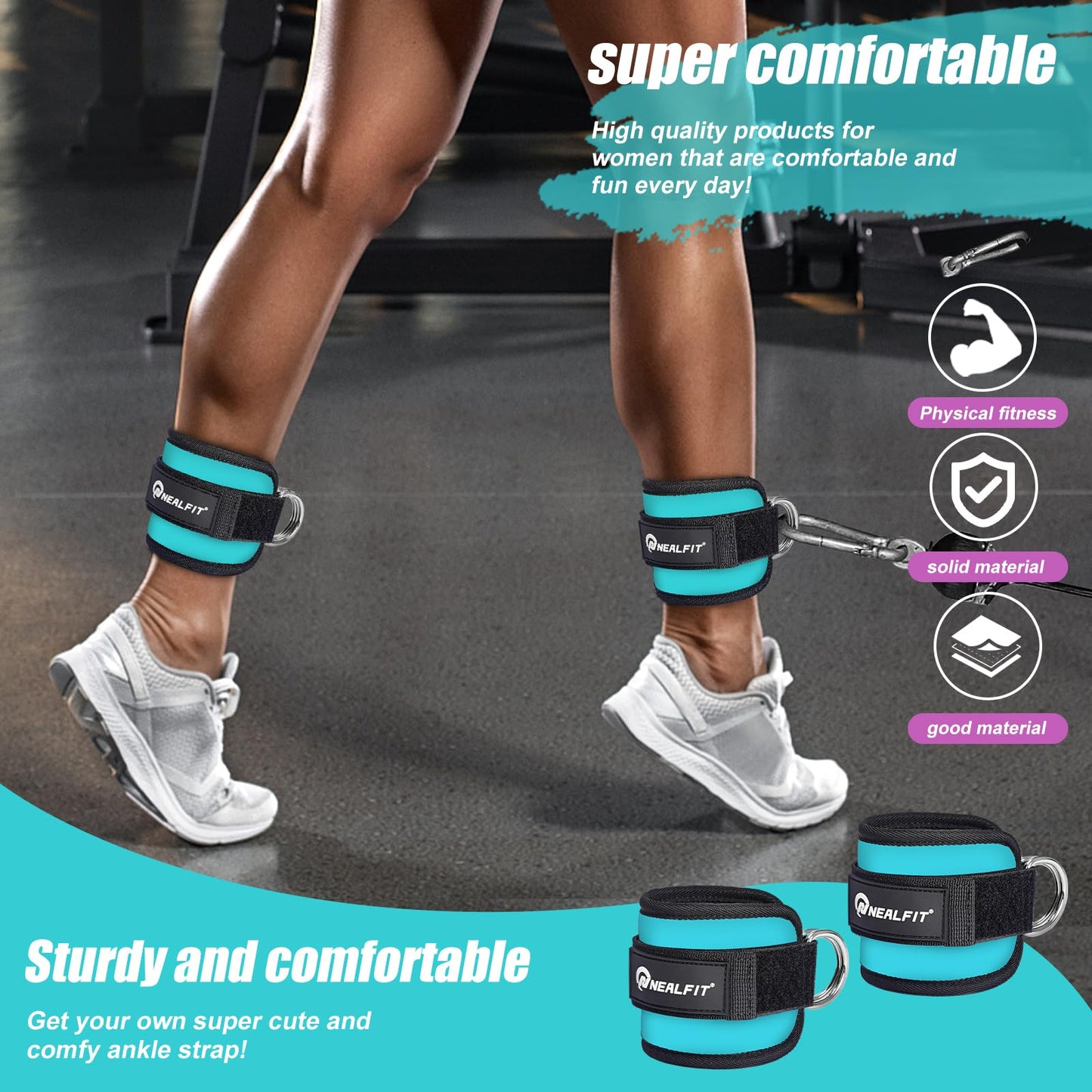 NEALFIT Ankle Strap for Cable Machine, Gym Ankle Cuff for Kickbacks, Leg Extensions, Glute Workouts, Booty Hip Abductors Exercise for Women and Men (Pair, Blue)