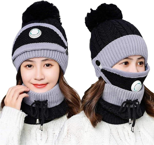 3pcs/Set Fashion Women Winter Knitted Hat Thickened Woolen Cap with Warm Mask and Neck Scarf (Black2)