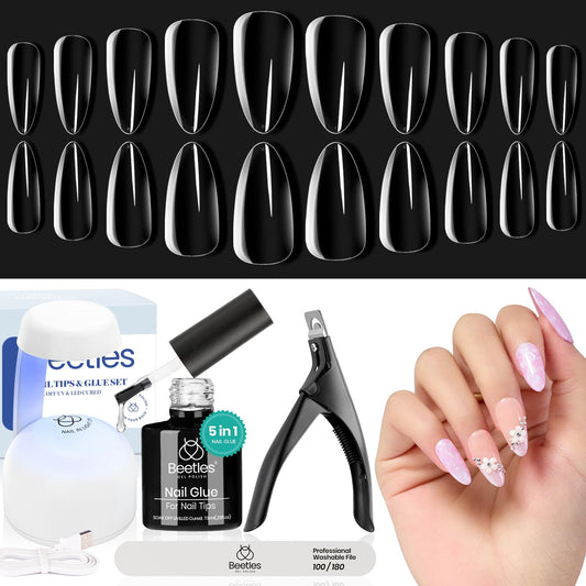 Beetles Gel Nail Kit Almond Nail Tips Easy Nail Extension Set 5 In 1 Nail Glue Gel with Pre shaped Medium Almond Nail Tips & UV Nail Lamp Acrylic Nail Clipper DIY Art Gifts for Her
