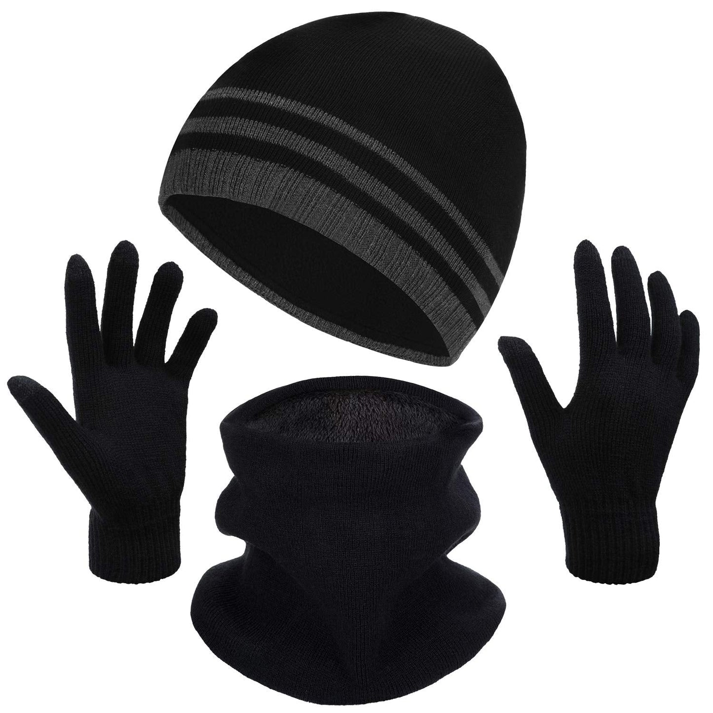 Men's Winter Beanie Hat, Warm Knit Scarf and Touch Screen Gloves Set, 3 Pieces (Black)