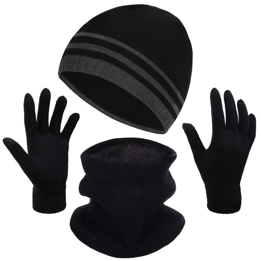 Men's Winter Beanie Hat, Warm Knit Scarf and Touch Screen Gloves Set, 3 Pieces (Black)