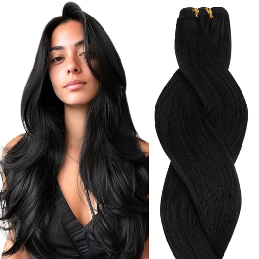 HOTBANANA Sew in Real Human Hair Extensions, 16inch 80g Weft Jet Black Straight Remy Hair Weft Full Head