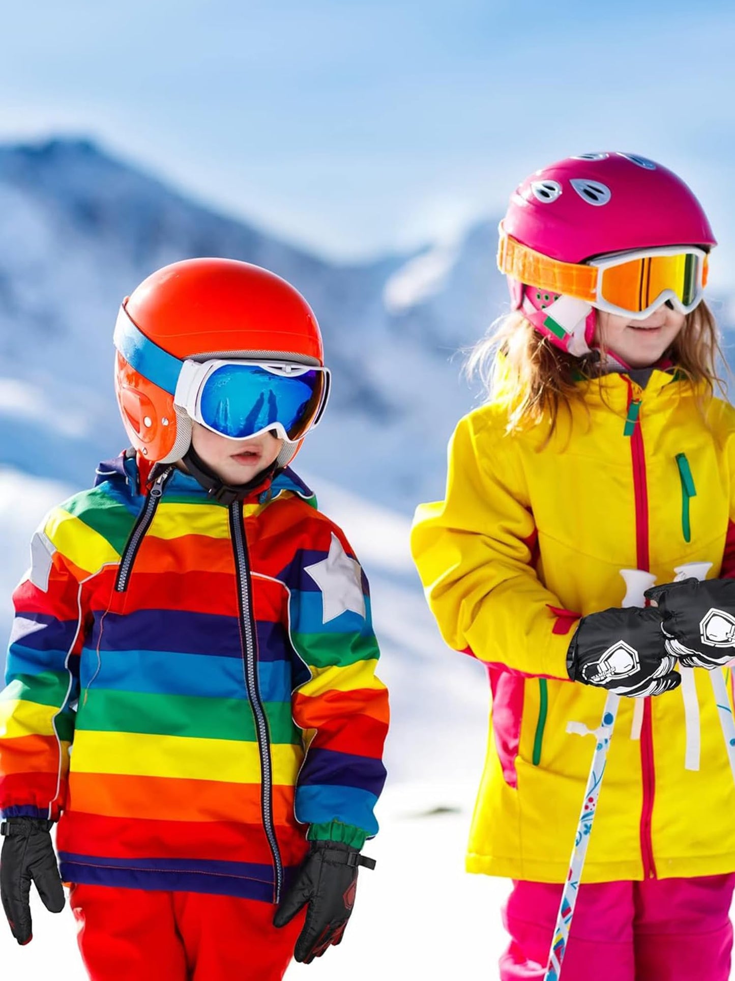 Yaomiao 4 Pairs Kids Winter Long Gloves Waterproof Children Long Cuff Snow Mittens Gloves Windproof Ski Gloves for Outdoor (Red, Green, Blue, White,6-10 Years)