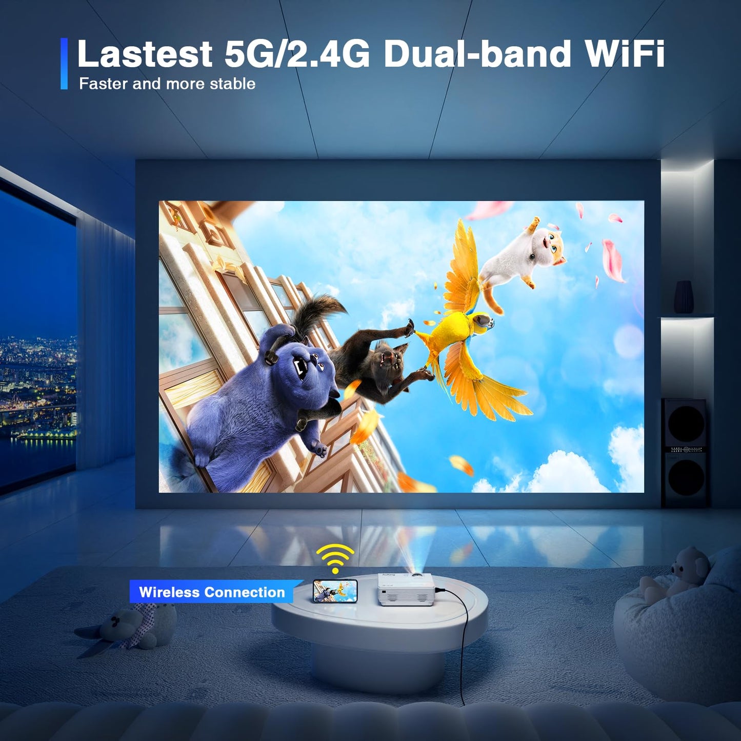 AuKing Projector with Wifi and Bluetooth, 2025 Upgraded Full HD 1080P Mini Projector, Home Theater Video Projector Compatible with HDMI/USB/AV/Smartphone/TV Box/Laptop