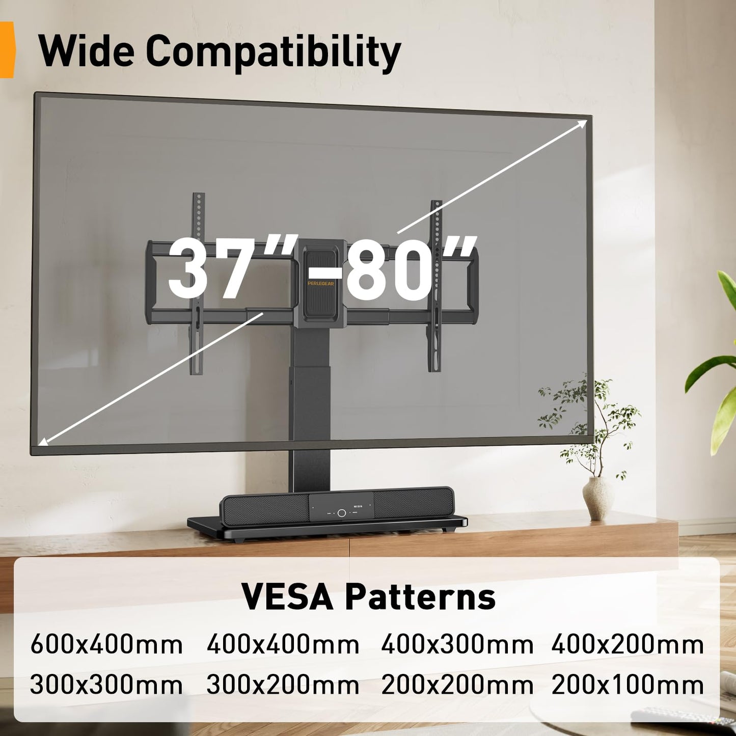 Perlegear Swivel TV Mount Stand, Universal TV Stand for 37-80 inch TVs, Height Adjustable Tabletop TV Stand Holds up to 99 lbs, Preassembled InstaMount Front Support, Max VESA 600x400mm, PGTVS28