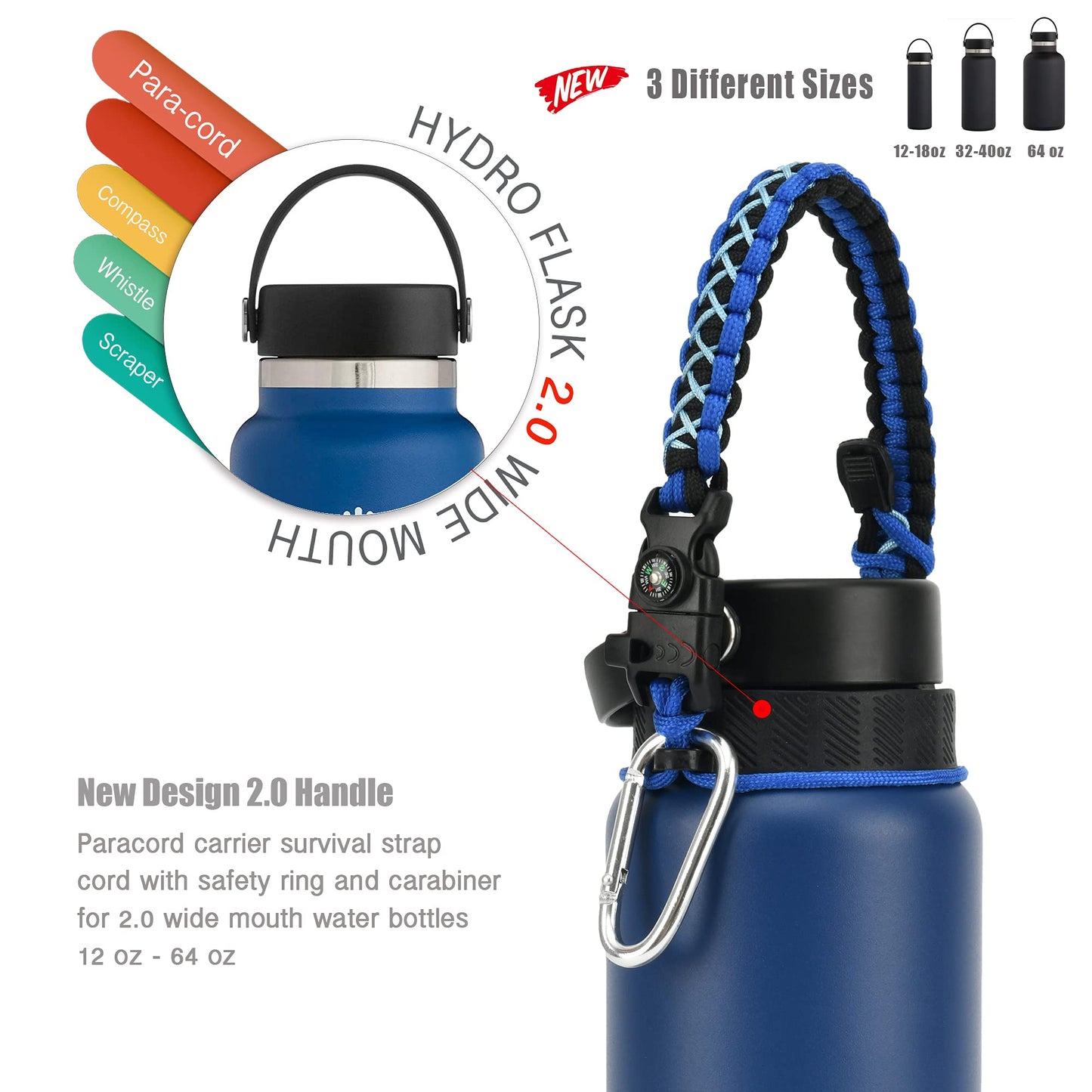 QeeCord 2.0 Paracord Handle for Hydroflask 2.0 Wide & Standard Mouth Water Bottles Strap Carrier with New Safety Ring Holder, 12oz - 64oz (32 oz-40 oz Wide Mouth, Blue/Compass+Whistle+Fire Starter)