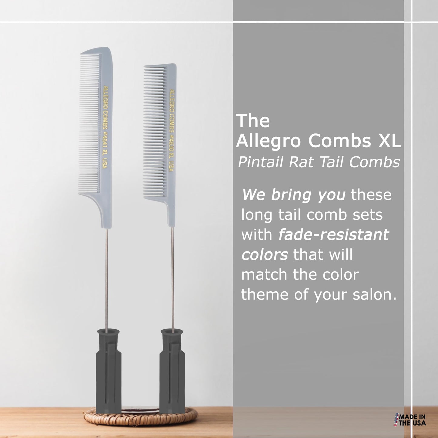 Allegro Combs XL Pintail Rat Tail Combs Parting Combs Metal Tail Foiling Combs Pin Combs Stitch Braids Combs2 Pc. (Gray)