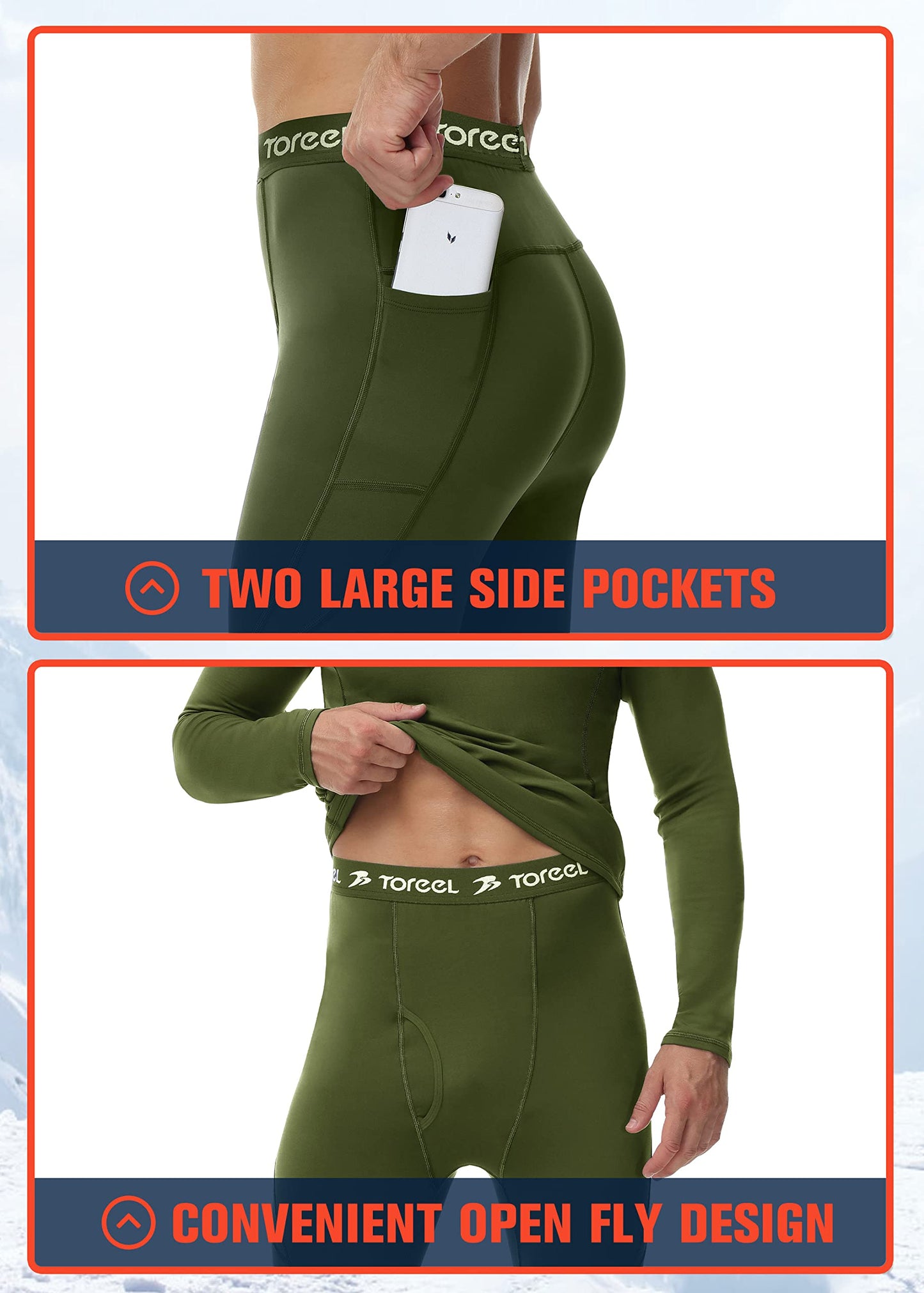 TOREEL Long Johns for Men Thermal Underwear for Men Fleece Lined Hunting Gear Mens Thermals Top and Bottom Set Dark Green