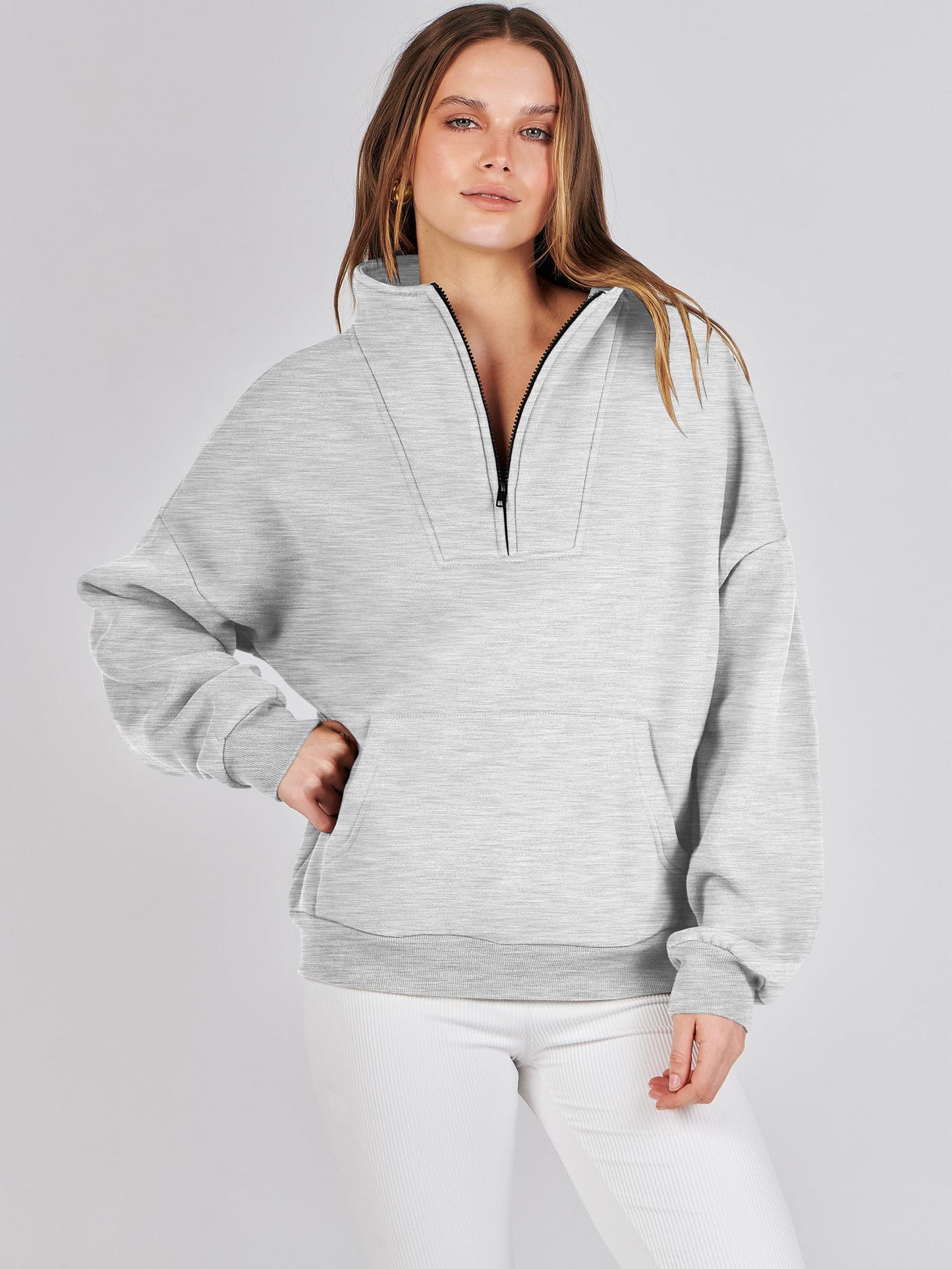 ANRABESS Womens Half Zip Sweatshirts Oversized Crop Pullover 2024 Winter Y2K Fleece Hoodie Sweater Teen Girls Fall Clothes Light Gray Large